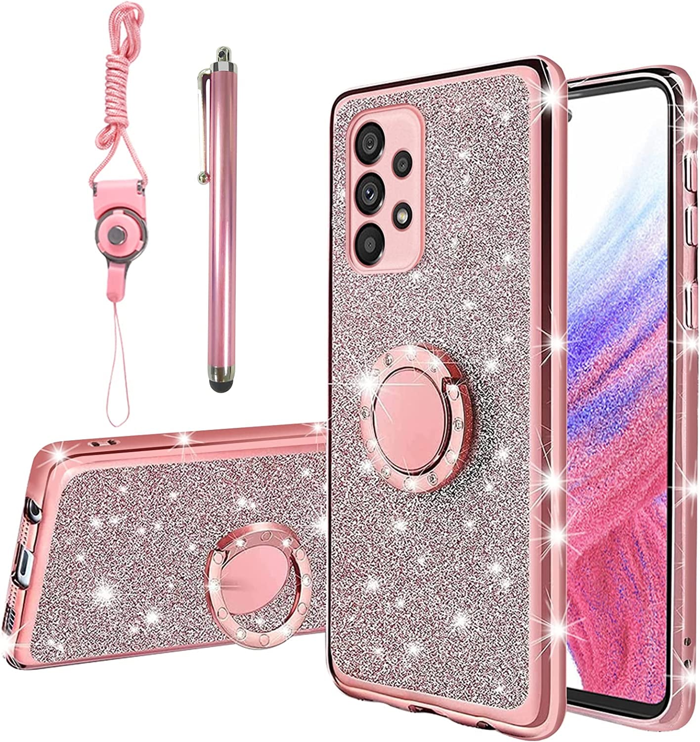 For Samsung Galaxy A53 Case, A53 5G Case for Women Glitter Crystal Butterfly Heart Floral Soft TPU Luxury Bling Cute Protective Cover with Kickstand Strap for Samsung A53 5G (Rose Gold)  KuDiNi Glitter Rose  