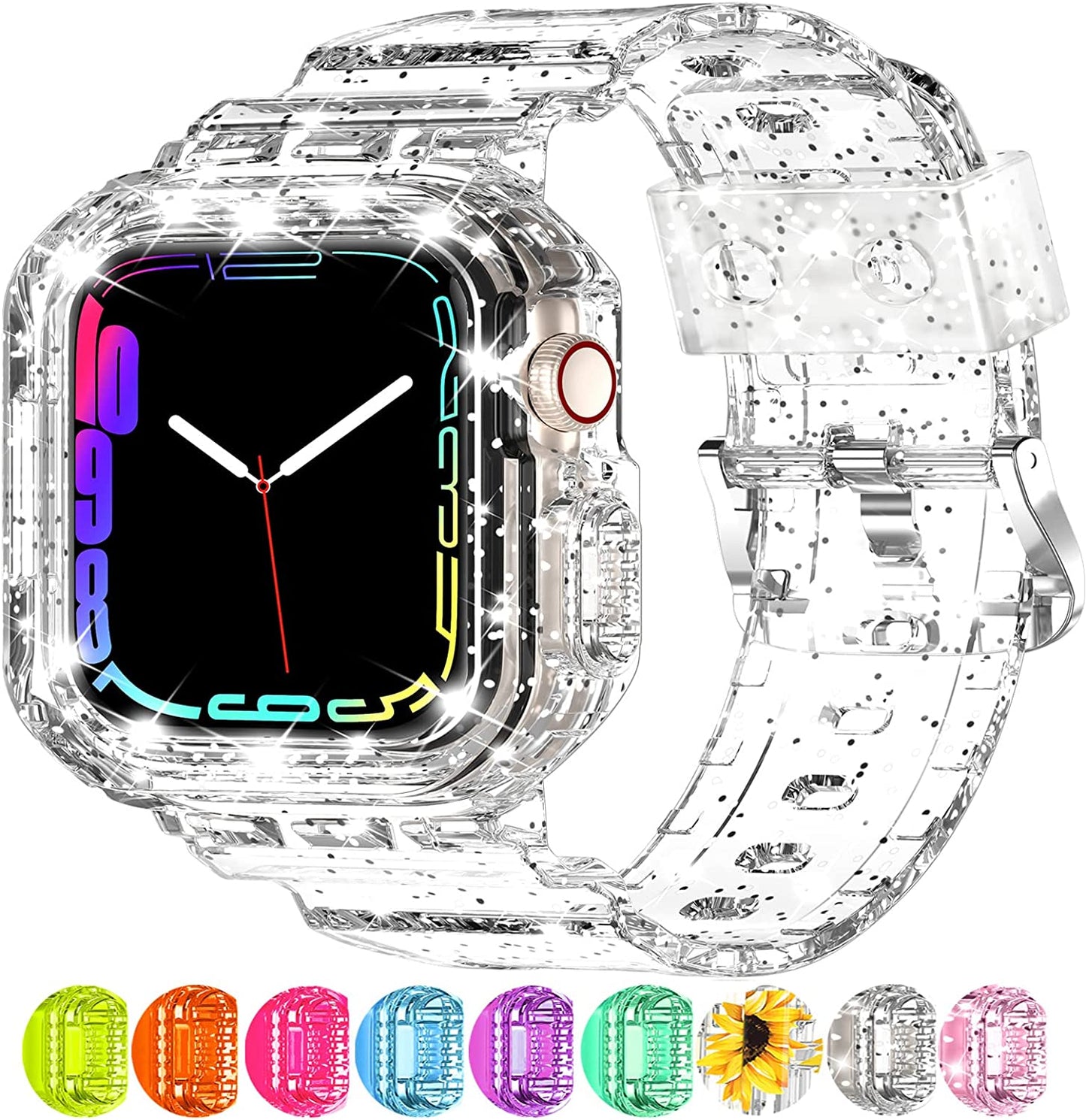XYF Compatible for Crystal Clear Apple Watch Bands, 45Mm 44Mm 42Mm 41Mm 40Mm 38Mm 49Mm with Bumper Case for Men Women Jelly Sport Case and Band for Iwatch Ultra Series 8 7 SE/6 5 4 3 2 1  XYF GlitterClear 38/40/41mm 