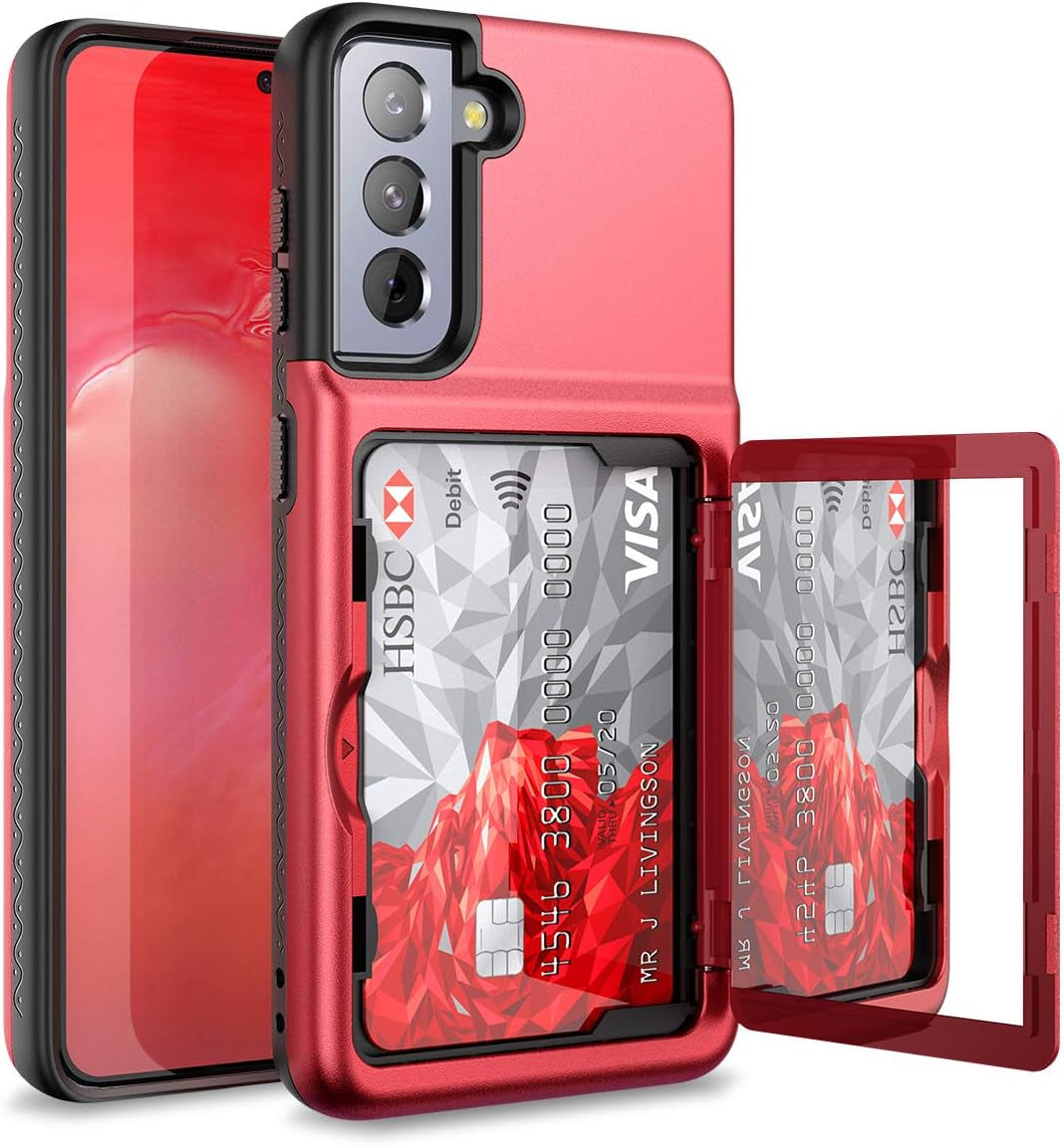 Welovecase for Samsung Galaxy S21 Wallet Case with Credit Card Holder & Hidden Mirror, Defender Protective Shockproof Heavy Duty Protection Phone Cover for Samsung Galaxy S21 5G, 6.2 Inch Black  WeLoveCase Red  