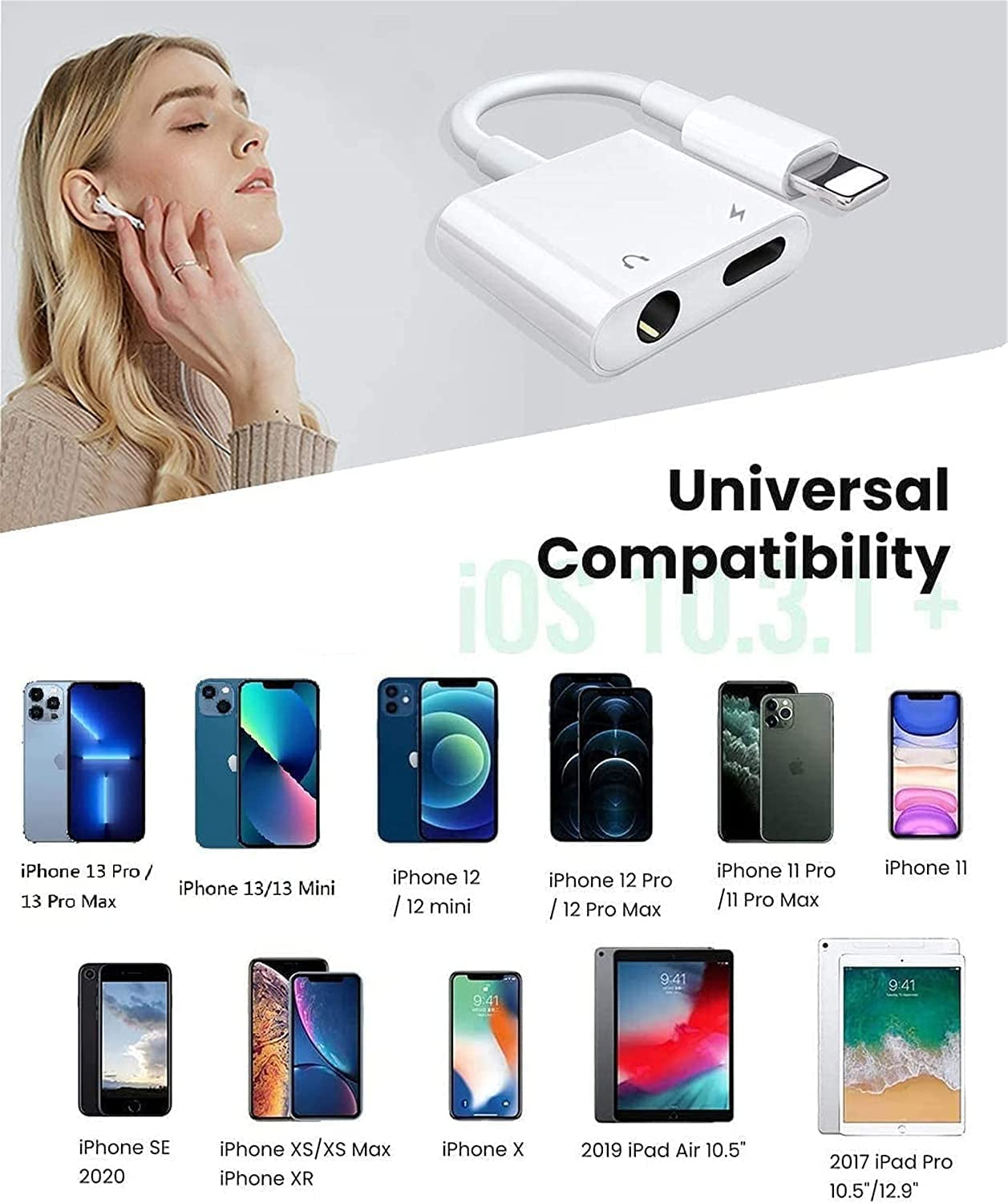 2 Pack Headphone Adapter for Iphone [Apple Mfi Certified], 2 in 1 Lightning to 3.5Mm AUX Audio + Charger Splitter Dongle for Iphone Accessories Compatible with Iphone 13/12/11/XR/X/8/7  Tonatual   