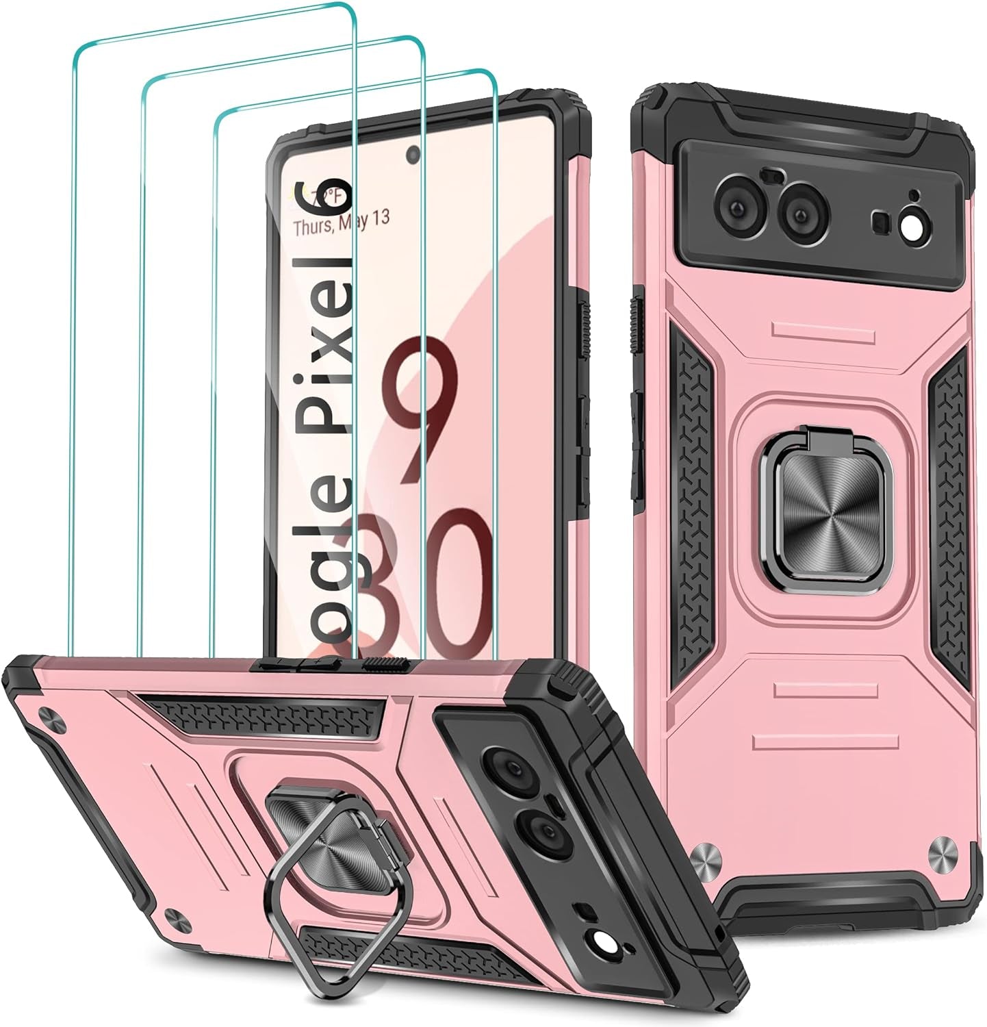 Google Pixel 6 Case, Google Pixel 6 Case with 3 Pcs Tempered Glass Screen Protector, Built in Magnetic Ring Kickstand Military-Grade Hard PC TPU Shockproof Aromr Case for Google Pixel 6 - Rose Gold  GAMEMIUZ   