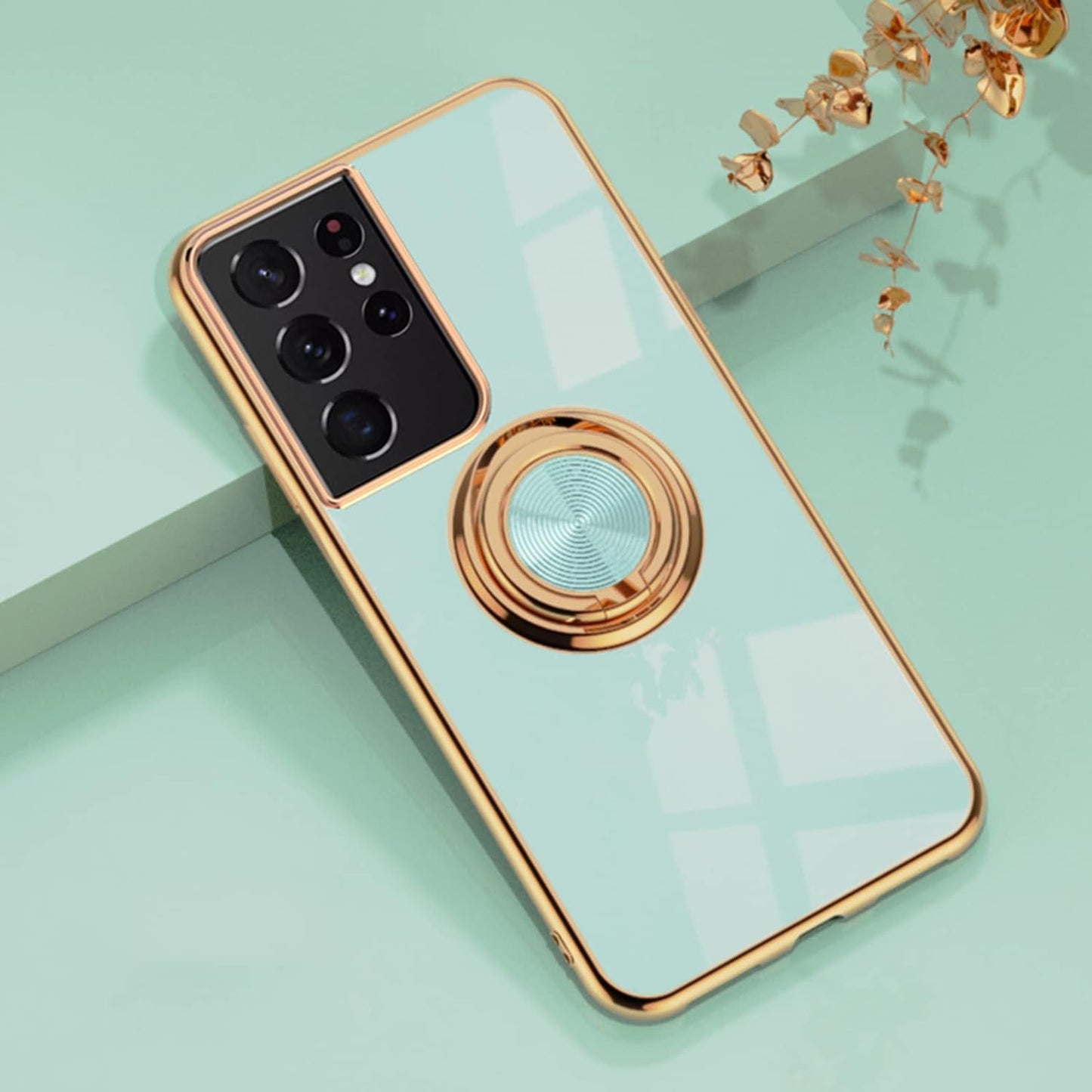 Aowner for Samsung Galaxy S21 Ultra Ring Holder Case Shiny Plating Rose Gold Edge 360 Degree Rotation Kickstand for Women Girls Slim Soft Flexible TPU Protective Cover Case, 6.8 Inch, Teal  aowner   