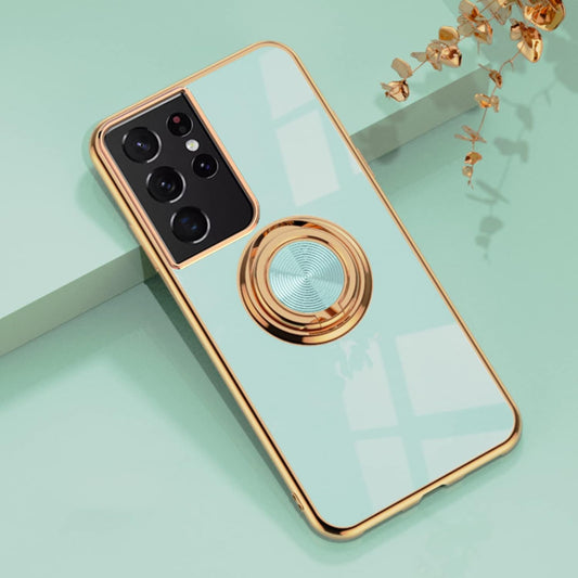 Aowner for Samsung Galaxy S21 Ultra Ring Holder Case Shiny Plating Rose Gold Edge 360 Degree Rotation Kickstand for Women Girls Slim Soft Flexible TPU Protective Cover Case, 6.8 Inch, Teal  aowner   