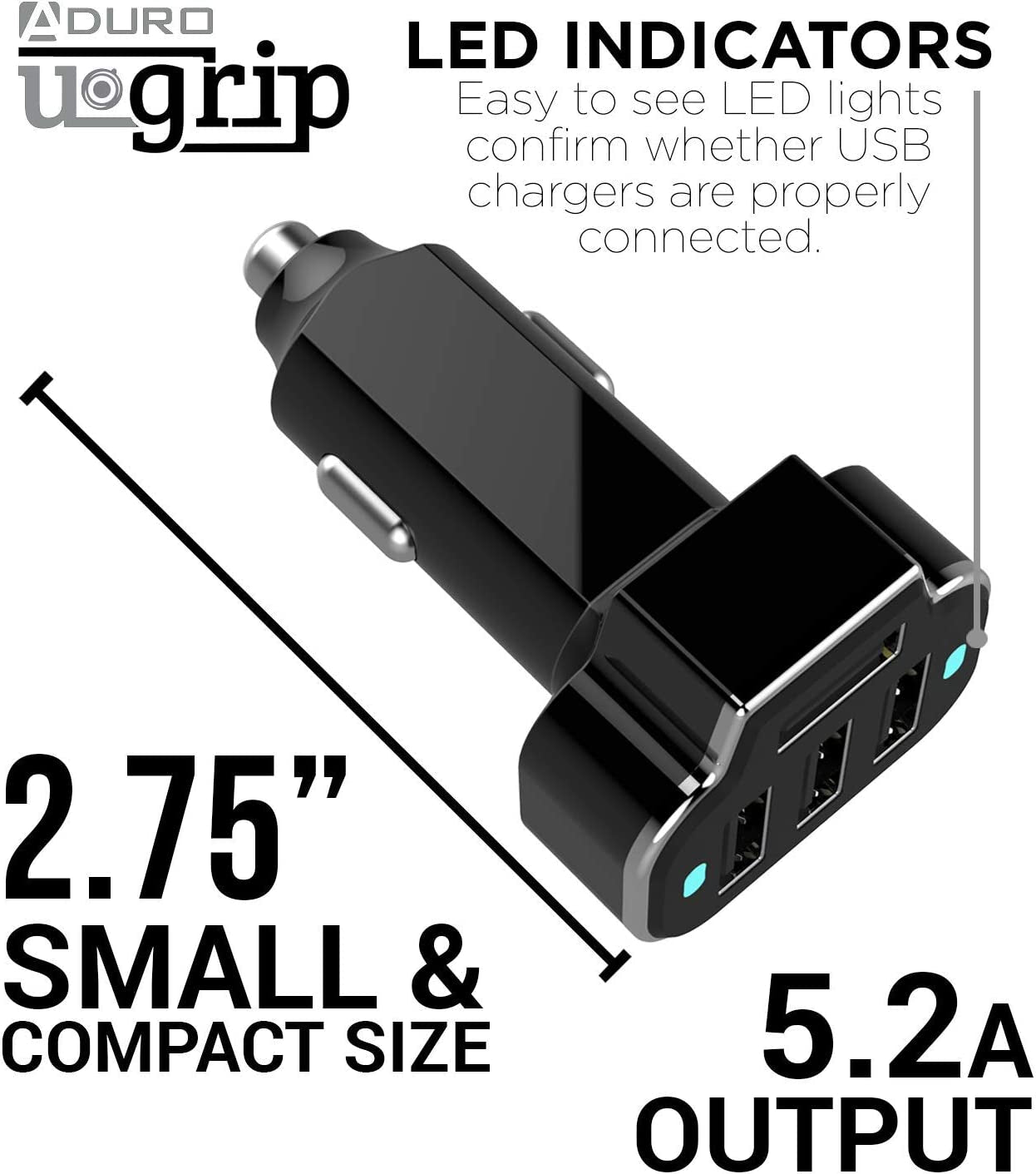 Aduro 4 Port Car Charger USB Adapter, 12V Fast Car Charger USB Adapter Power Station 5.2A/26W Output (Black)  Aduro Products LLC   