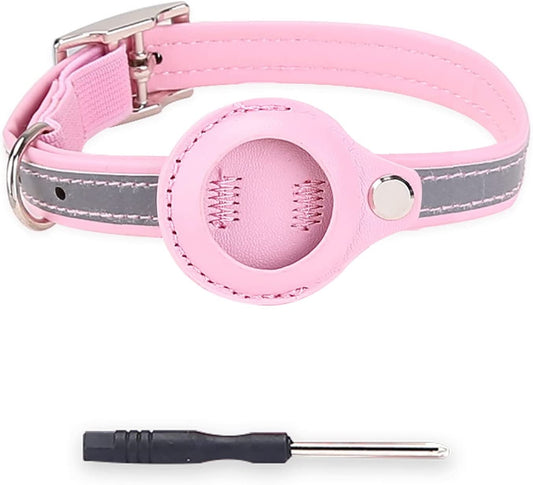 Cat Collar Case for Airtag, Solid Color Faux Leather Reflective Pet Collar for Small Sized Pets Pink XS  Sarkoyar   