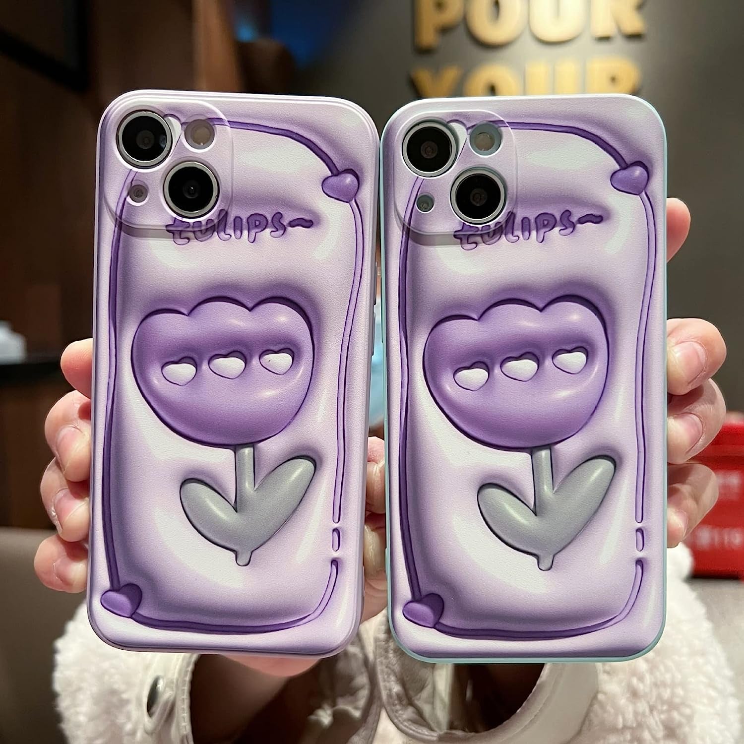 GUSDBSW Cute Iphone 14 plus Case for Women Girls, Lovely Floral Strawberry Pattern Wave Comfortable Grip Design for Girly, Slim Thin Soft Flexible TPU Clear Protective Phone Case - Blueberry Flower  GUSDBSW 3D Purple Tulip Iphone 12 