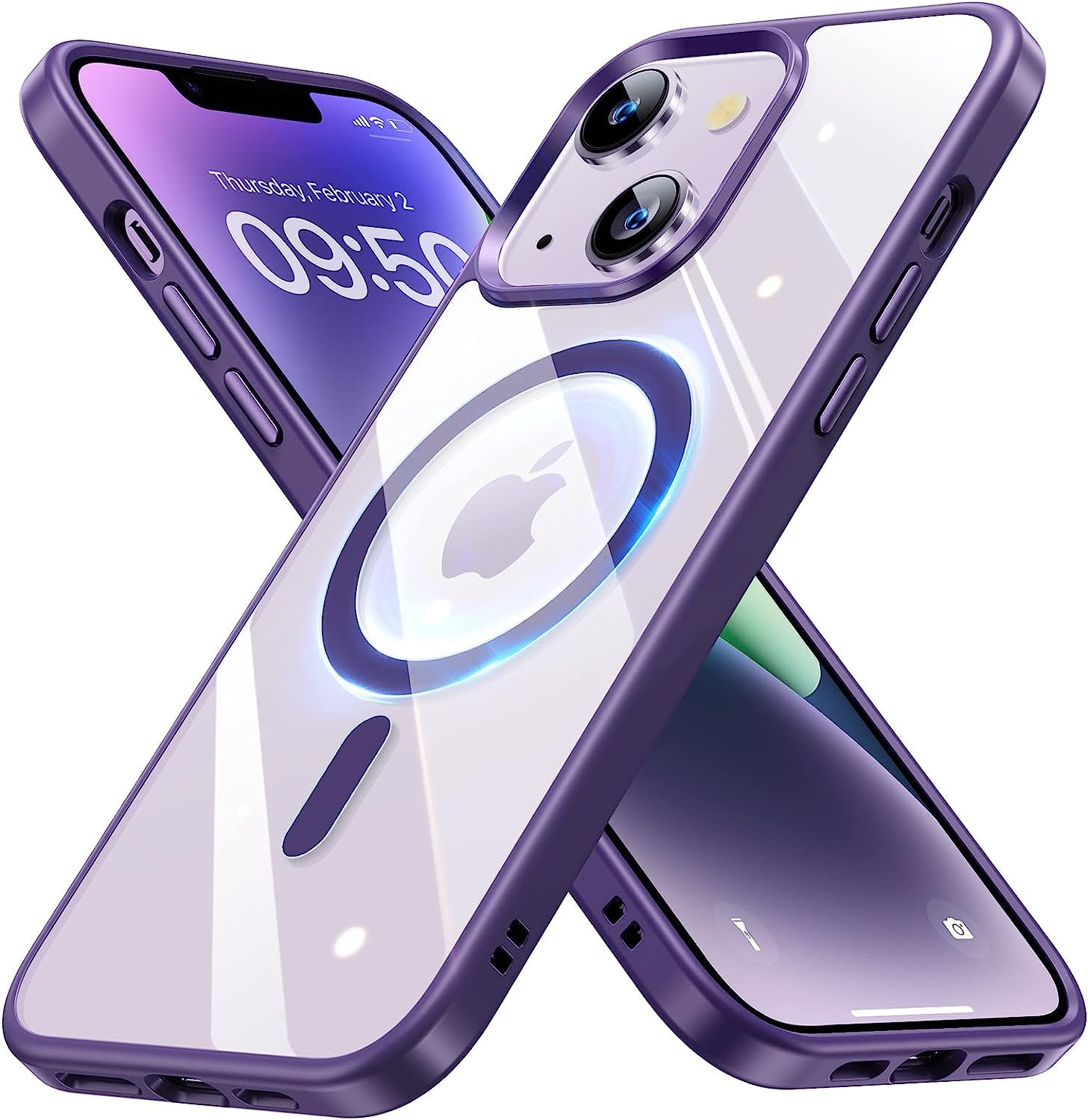 JUESHITUO 2023 Magnetic Slim Crystal Clear Case for Iphone 14 plus Case Magsafe[Not Yellowing][Military Grade Protection][No.1Strong Magnets]Compatible with Iphone 14 plus Magsafe Case 6.7,Space Black  iPhone 14 Plus case Magsafe A-Purple  