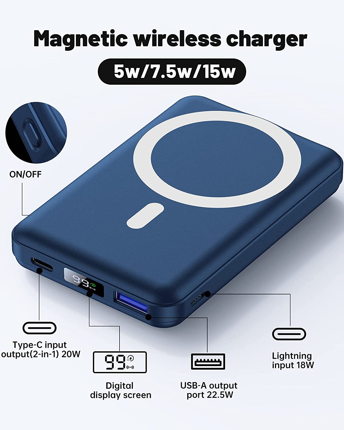 Yiisonger Magnetic Wireless Portable Charger, Foldable 10000Mah Battery Pack with USB-C Cable LED Display, Magnetic Power Bank 22.5W PD Fast Charging for Iphone 14/13/12/Pro/Mini/Pro Max（Dark Blue  Shenzhen Zhilianxintong Electronics Co., Ltd   