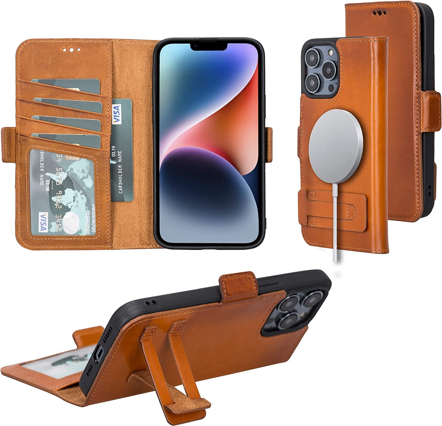 Bayelon Leather Wallet Case for Iphone 14 Pro Max - Flip Cover Card Holder Slots, Iphone 14 Pro Max Case Compatible with Apple Magsafe, Full Grain Leather Folio Case, Kickstand Function (A. Camel)  Bayelon Rustic Tan (14 Pro) iPhone 14 Pro (6.1") 