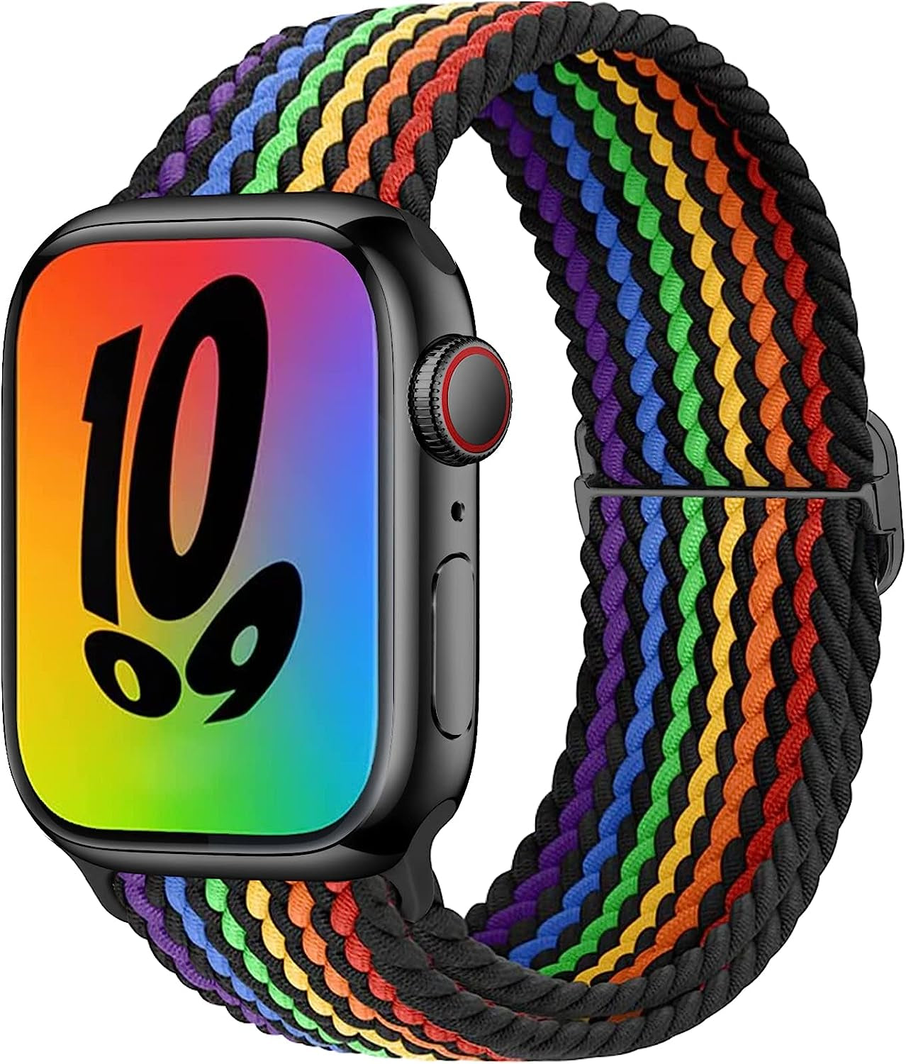 Transjoy Braided Stretchy Adjustable Watch Band for Apple Watch Band 38Mm 40Mm 41Mm 42Mm 44Mm 45Mm for Women Men, Soft Nylon Elastic Straps Solo Loop Wristbands for Iwatch Series 8 7 6 SE 5 4 Ultra  TransJoy Black Rainbow 42MM/44MM/45MM/49MM 