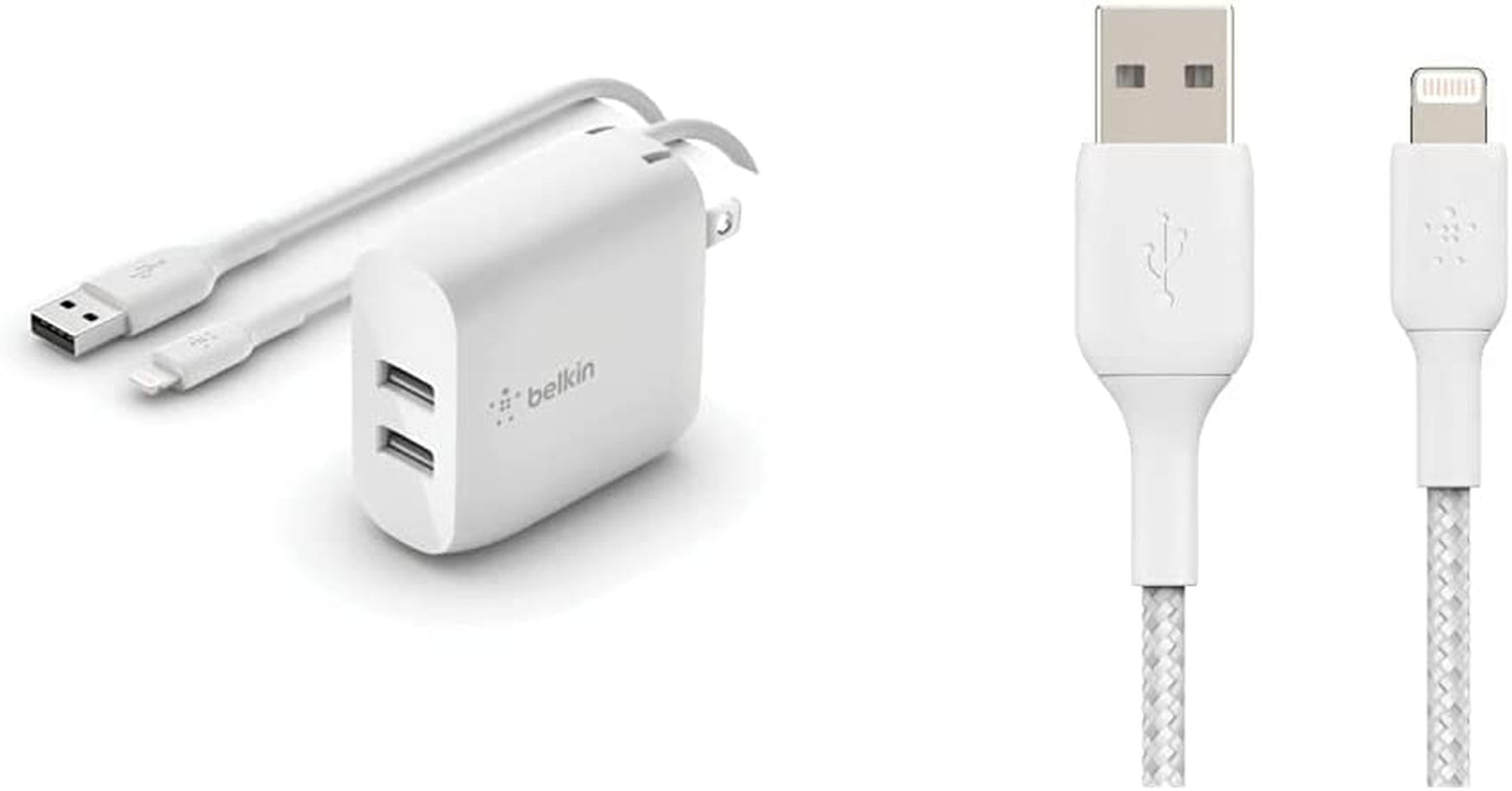 Belkin 24W Dual Port USB Wall Charger - Iphone Fast Charging - USB Charging Block for Power Bank, Iphone 14, Iphone13, Iphone 12, Iphone 11, Ipad Pro, Samsung & More, Iphone Cable Not Included  Belkin Includes Lightning Cable Charger + Cable, 6.5ft/2m, White 