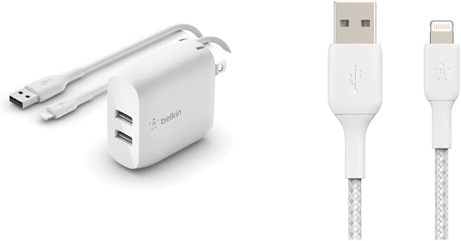 Belkin 24W Dual Port USB Wall Charger - Iphone Fast Charging - USB Charging Block for Power Bank, Iphone 14, Iphone13, Iphone 12, Iphone 11, Ipad Pro, Samsung & More, Iphone Cable Not Included  Belkin Includes Lightning Cable Charger + Cable, 6.5ft/2m, White 