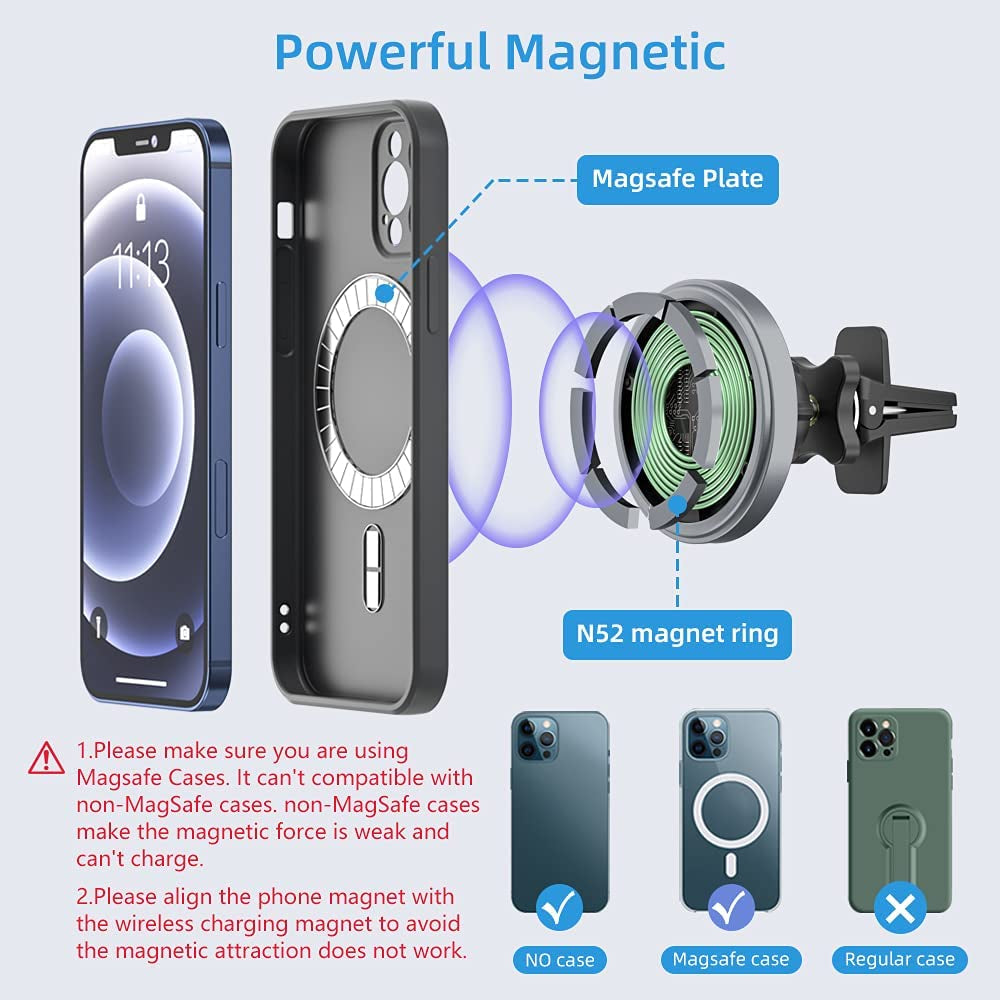 Magnetic Wireless Car Charger Mount, Stick on the Dashboard for Magsafe Iphone 14/14 Pro/14 Max/13/13 Pro/13 Pro Max/ 12/12Pro/Mini, Fast Charging Auto-Alignment Air Vent Phone Holder (Dark Grey)  OHLPRO   
