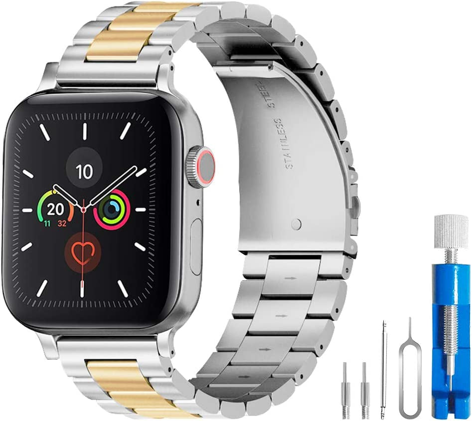 U191U Band Compatible with Apple Watch Stainless Steel Wristband Metal Buckle Clasp Iwatch 38Mm 40Mm 41Mm Strap Bracelet for Apple Watch Series 7/6/5/4/3/2/1 Sports Edition (Silver/Gold, 38/40/41MM)  U191U Silver/Gold 42mm/44mm/45mm 