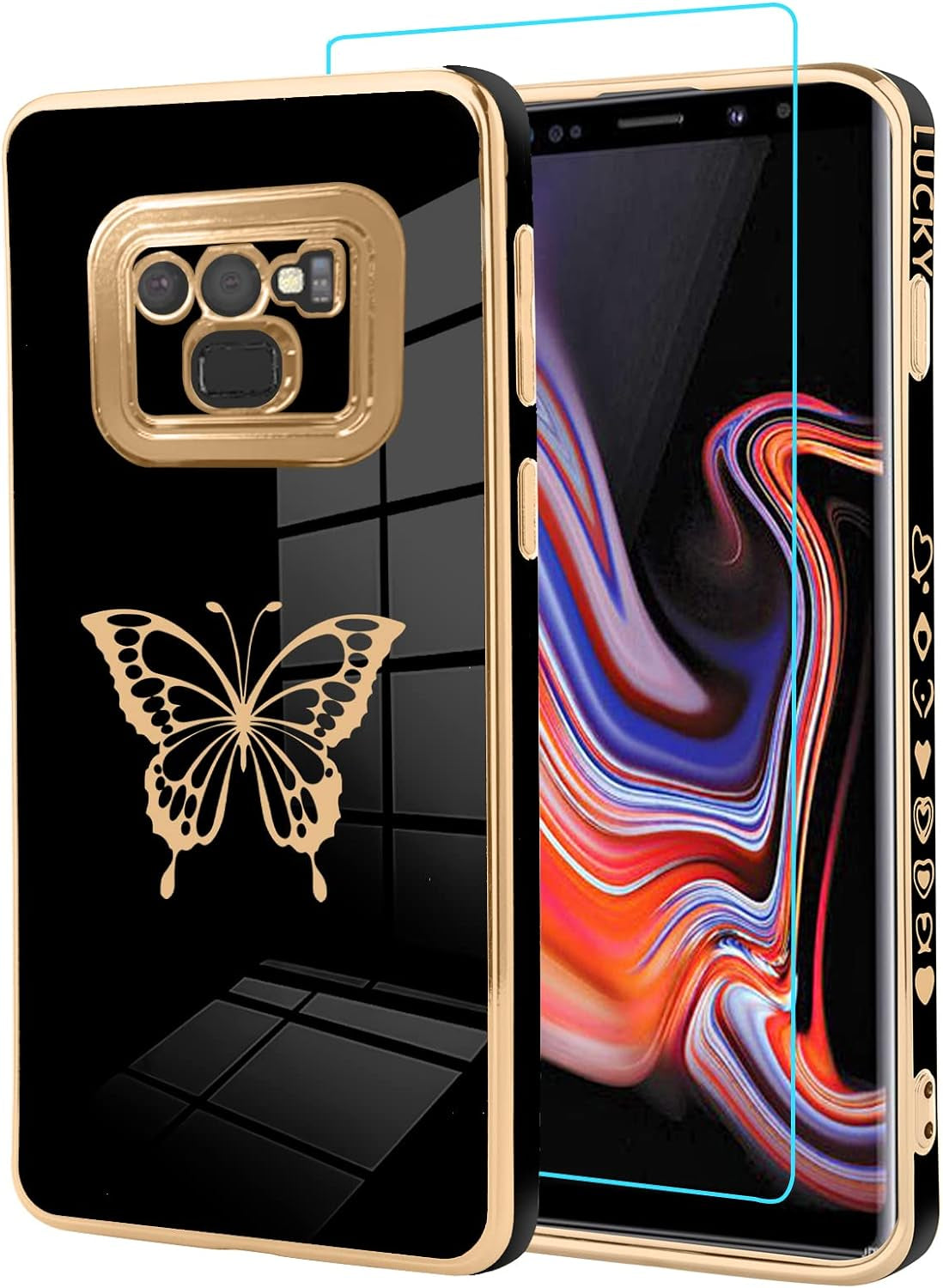 Jefonha for Samsung Galaxy Note 20 Ultra 6.9 Inch Plating Cute Butterflies Cover with Screen Protector Cute Side Pattern Soft TPU Shockproof Full Camera Lens Protection Electroplated Case - Black  Jefonha Samsung Galaxy Note 9 Samsung Galaxy Note 9 6.4 Inch 