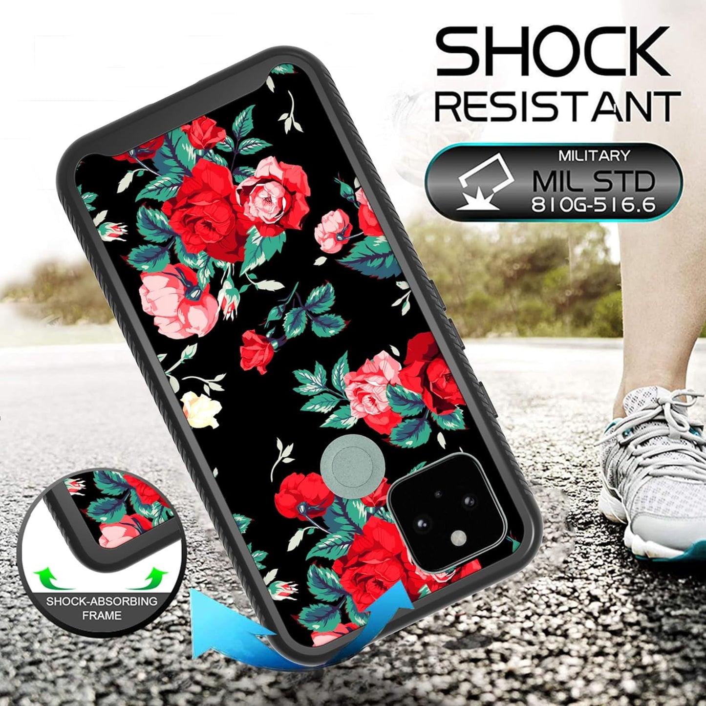 MGAH Pixel 5 Case with Roses Design,Google Pixel 5 Phone Case,Hybrid Triple Layer Armored Protective Cover Flexible Sturdy Anti-Scratch Shockproof Bumper Cute Case for Women and Girls-Flowers/Black  MGAH   