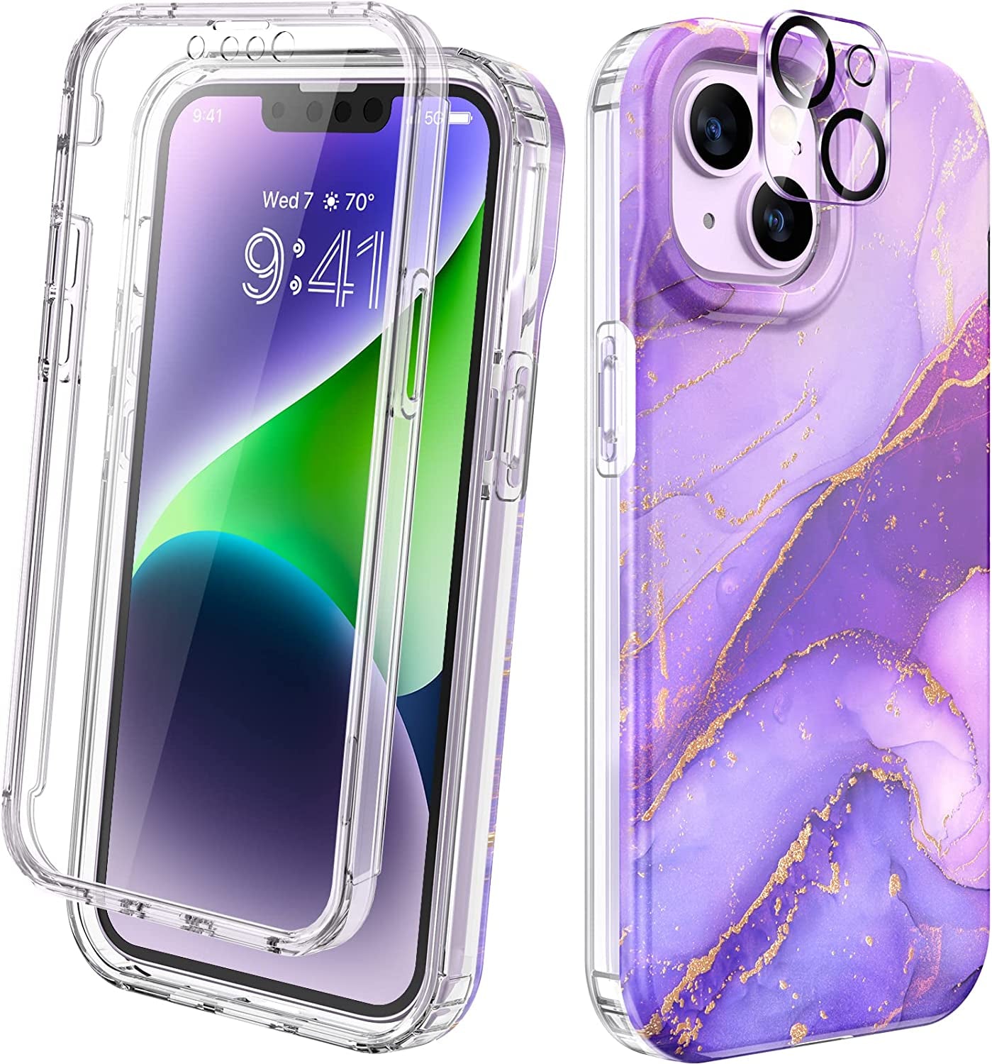Diaclara Designed for Iphone 14 Case, Full Body Rugged Case with Built-In Touch Sensitive Anti-Scratch Screen Protector, with Camera Lens Protector for Iphone 14 6.1" (Camellia)  Diaclara Gilt Purple  