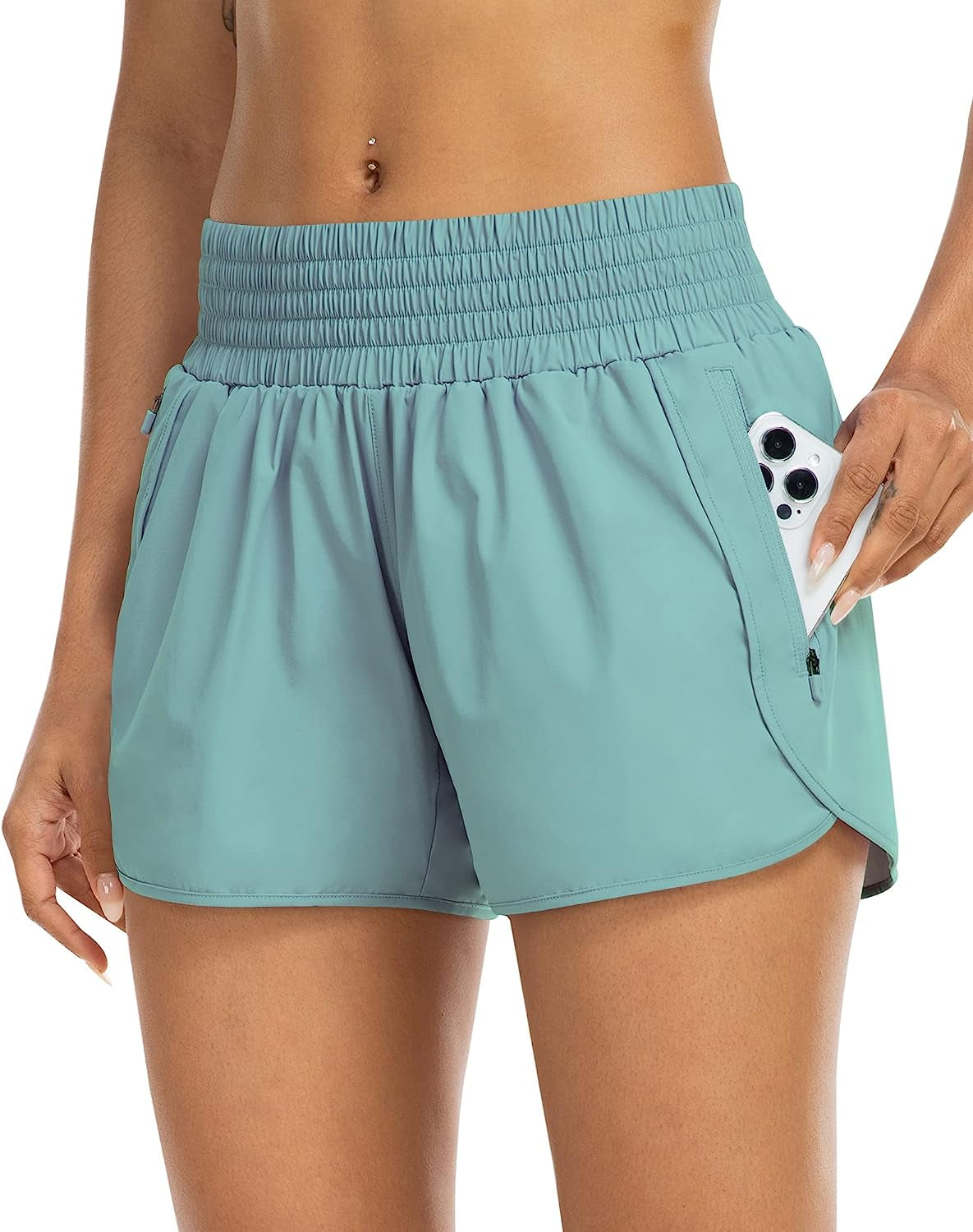 YEZII Athletic Shorts for Women with Pockets High Waist Running Workout Shorts Gym Yoga White Summer Shorts  YEZII Denim Blue Small 