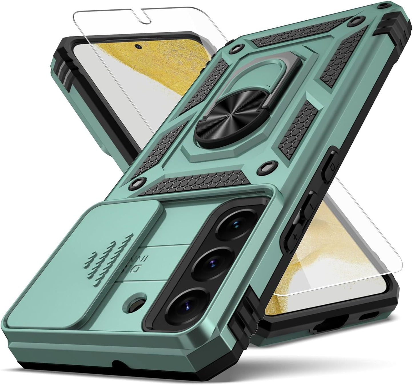 YZOK for Samsung Galaxy S22 Case,With Camera Lens Cover HD Screen Protector,[Military Grade] Ring Car Mount Kickstand Hybrid Hard PC Soft TPU Shockproof Protective Case for Galaxy S22-Green  YZOK   