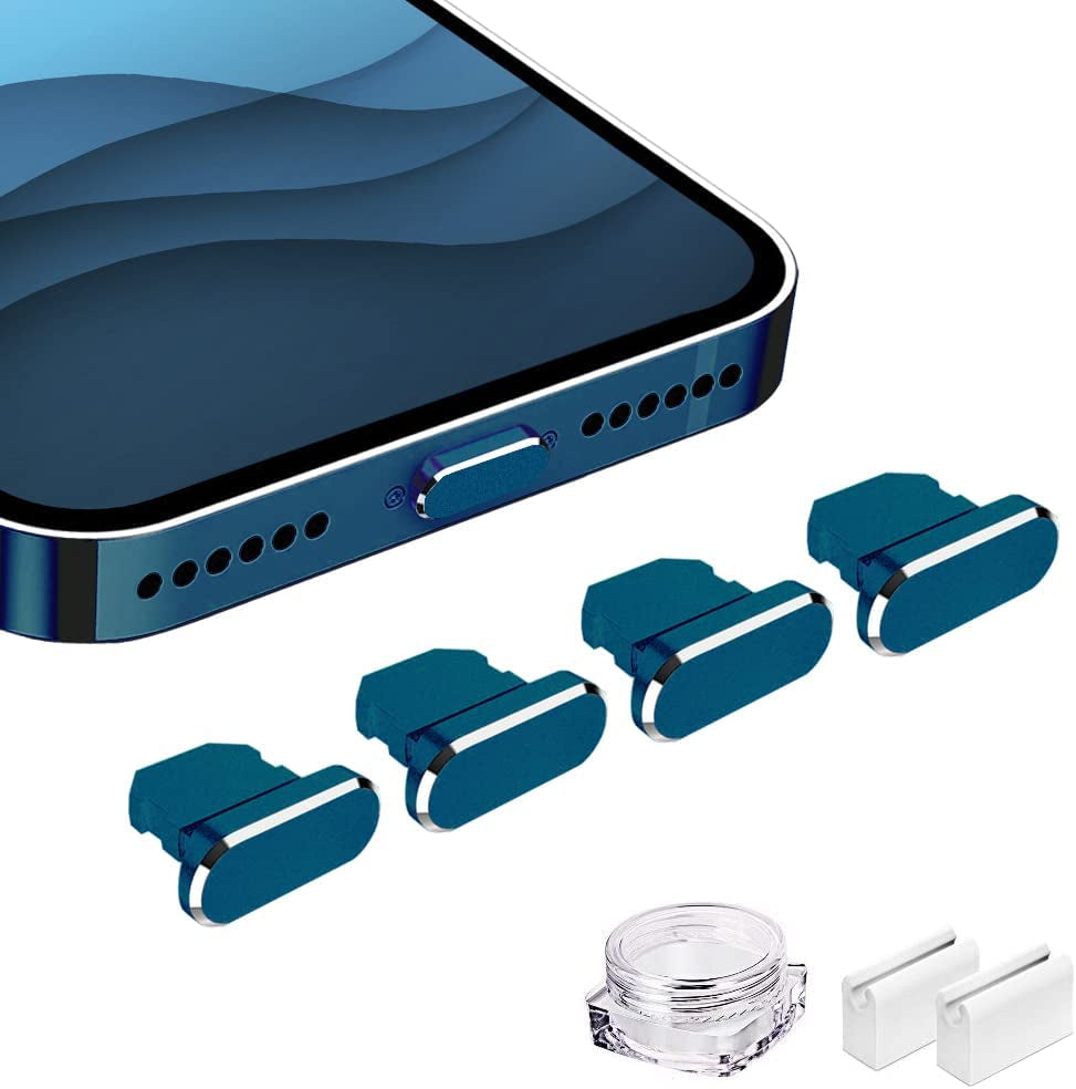 VIWIEU Metal anti Dust Plug Compatible with Iphone 14 13 12 11 X XS XR 8 7 SE Mini plus Pro Max Ipad Airpods, 2 Pack Lightning Charging Port Cover Protectors with Plug Holder and Storage Box (Black)  VIWIEU Blue Pack 4 PCS 