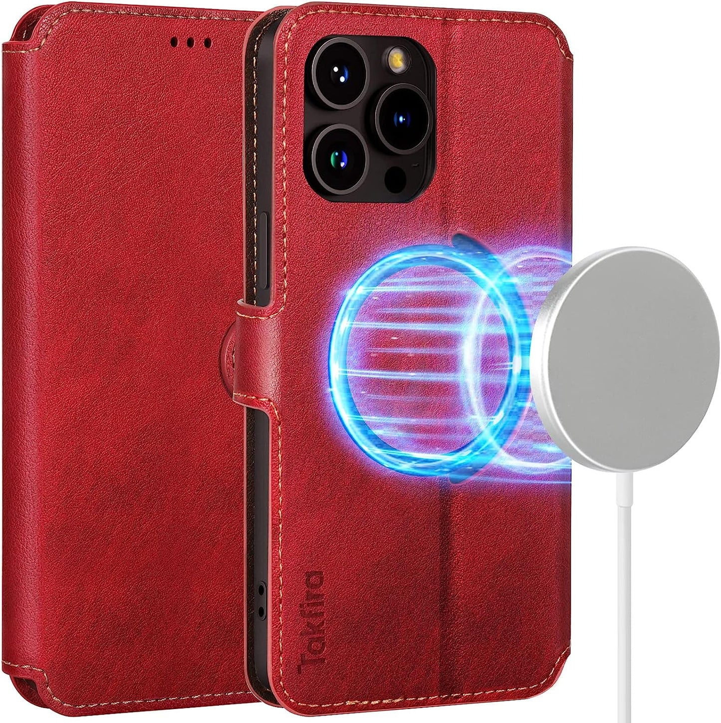 TAKFIRA Iphone 14 Pro Max 6.7" Wallet Case Compatible with Magsafe, Magnetic Flip Wallet Case with Card Slots, [Support RFID Blocking] [Kickstand] for Iphone 14 Pro Max 5G 2022 (Brown)  TAKFIRA Red  