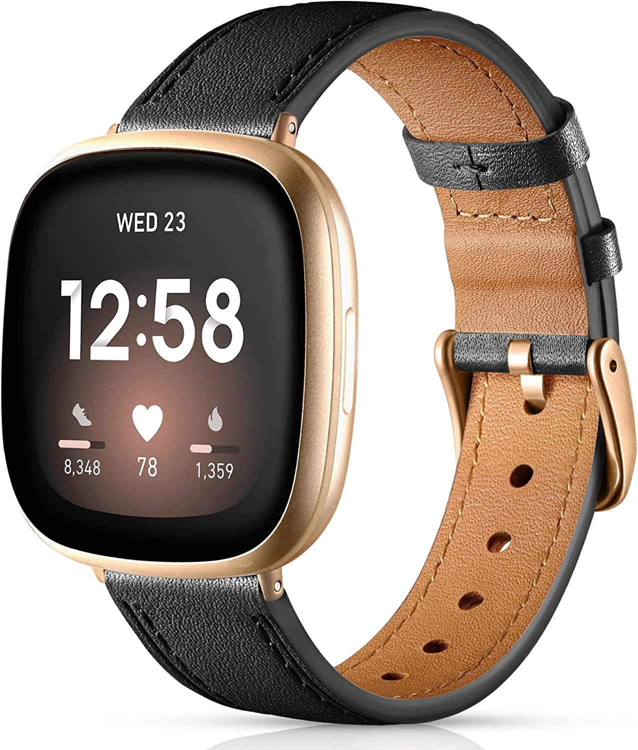 Maledan Compatible with Fitbit Sense/Fitbit Versa 3 Bands for Women Men, Soft Genuine Leather Band Slim Strap Replacement Accessory Wristband for Fitbit Versa 3/Versa 4/Sense 2/Sense Smartwatch, Pink  Maledan Black  