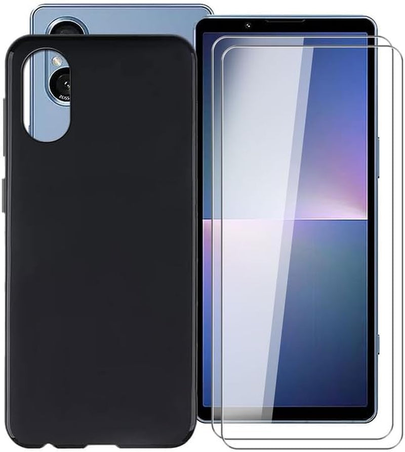 WIMSPEED Shockproof Phone Case for Sony Xperia 5 V (6.1") + 2 Pack Tempered Glass Protective Film, Slim Soft Silicone Shell anti Scratch TPU Cover for Sony Xperia 5 V - Black  WIMSPEED   