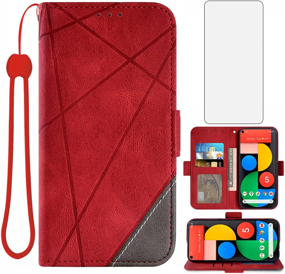 Asuwish Compatible with Google Pixel 5 Wallet Case and Tempered Glass Screen Protector Leather TPU Flip Cover Card Holder Stand Cell Accessories Phone Cases for Pixel5 5G Pixle Five G5 Women Men Blue  Asuwish Red For Pixel 5 / Pixel 5 5G 