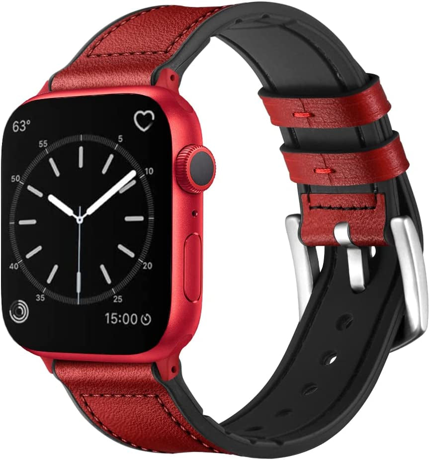 OUHENG Compatible with Apple Watch Band 49Mm 45Mm 44Mm 42Mm, Sweatproof Genuine Leather and Rubber Hybrid Band Strap for Iwatch Ultra Series 8 7 6 5 4 3 2 1 SE2 SE, Brown Band with Black Adapter  OUHENG Red/Red 41mm/40mm/38mm 