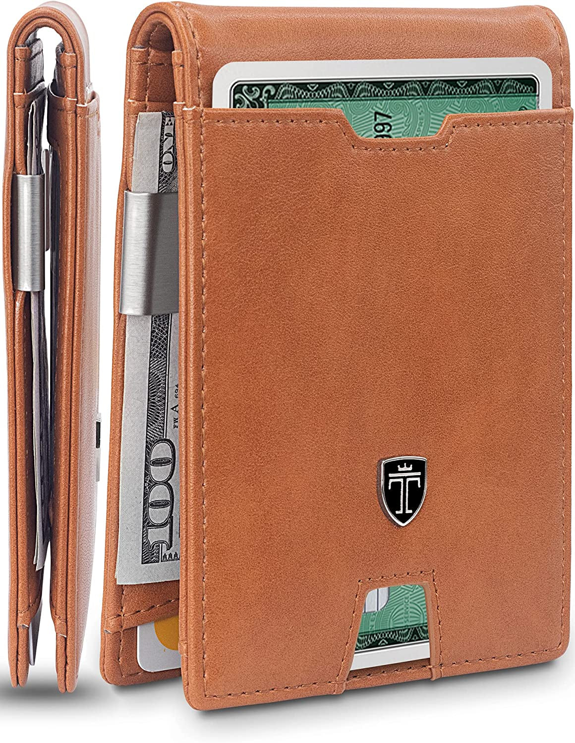 TRAVANDO Mens Slim Wallet with Money Clip AUSTIN RFID Blocking Bifold Credit Card Holder for Men with Gift Box  TRAVANDO Cognac Smooth Brown  