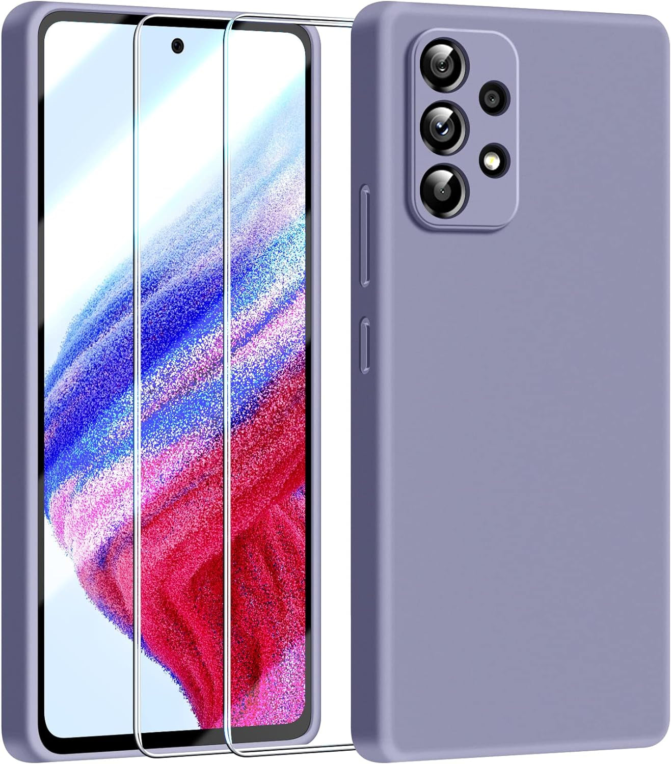 Dssairo [3 in 1 for Samsung Galaxy A53 5G Case, with 2 Pack Screen Protector, Camera Protection，Liquid Silicone Slim Shockproof Protective Phone Case [Microfiber Lining] (Black)  Dssairo Lavender Grey  