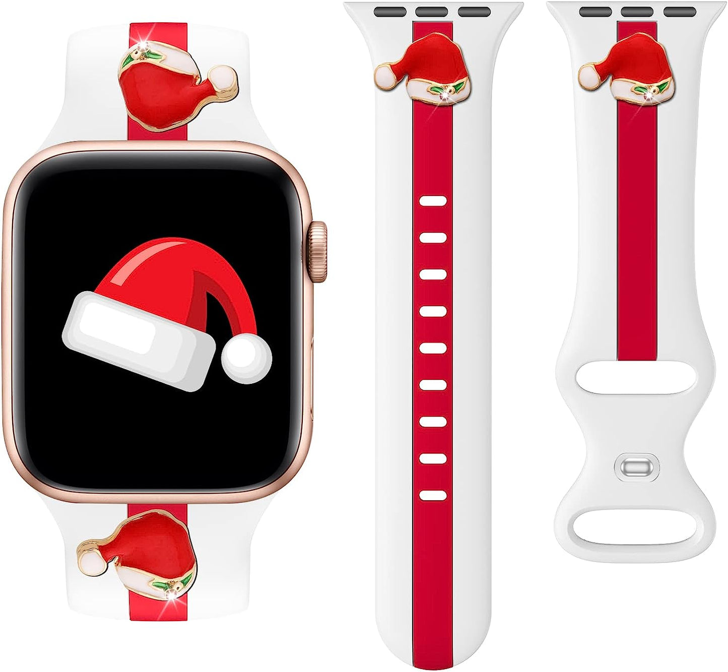 Designer Sport Band Compatible with Apple Watch Iwatch Bands 38Mm 40Mm 41Mm 42Mm 44Mm 45Mm 49Mm Men Women, Soft Silicone Strap Wristbands for Apple Watch Series 8/7/6/5/4/3/2/1/Se/Ultra  seizehe White Red with christmas hat charms 38mm/40mm/41mm 