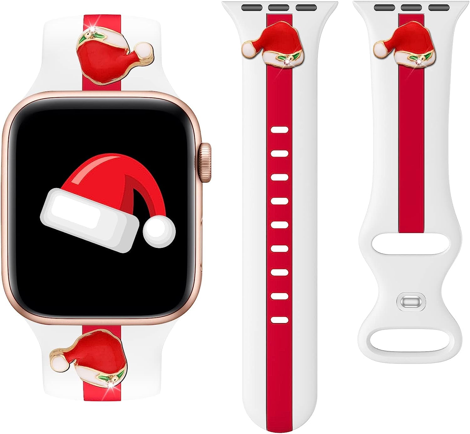 Designer Sport Band Compatible with Apple Watch Iwatch Bands 38Mm 40Mm 41Mm 42Mm 44Mm 45Mm 49Mm Men Women, Soft Silicone Strap Wristbands for Apple Watch Series 8/7/6/5/4/3/2/1/Se/Ultra  seizehe White Red with christmas hat charms 38mm/40mm/41mm 