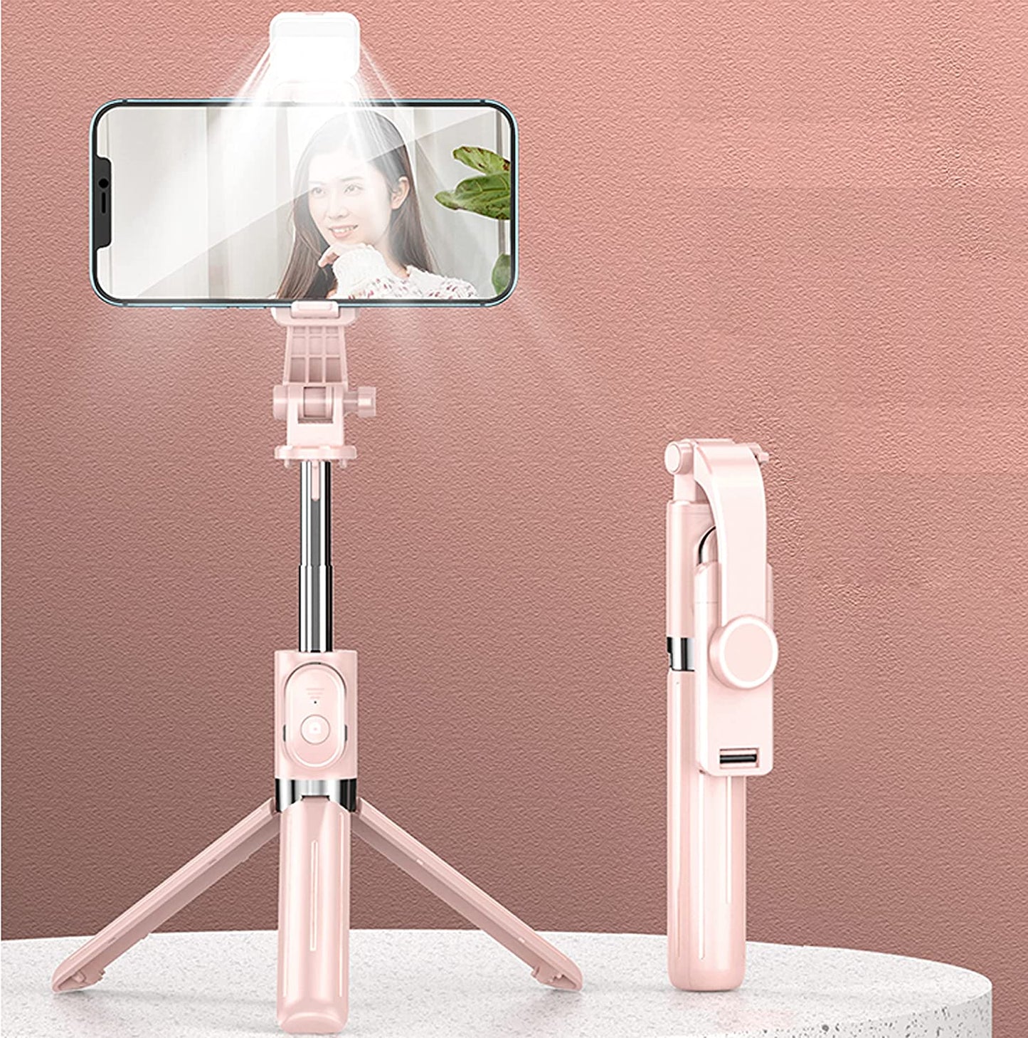 Selfie Stick & Phone Tripod,Mqouny Portable Selfie Fill Light,Portable All-In-One Professional Travel Tripod with Remote, Compatible with Android/Iphone (Pink)  MQOUNY Dongguan Manxin Electronic Technology Co. , Ltd.   