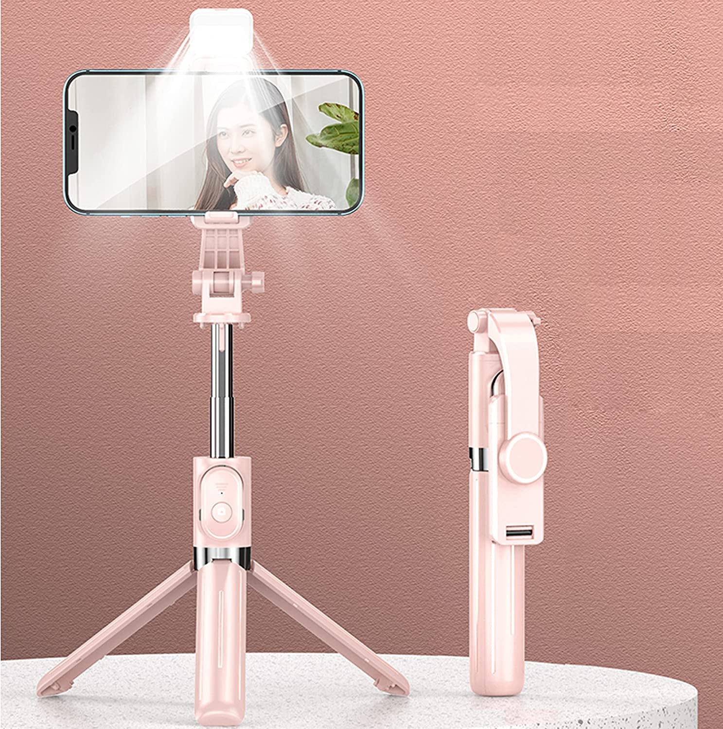 Selfie Stick & Phone Tripod,Mqouny Portable Selfie Fill Light,Portable All-In-One Professional Travel Tripod with Remote, Compatible with Android/Iphone (Pink)  MQOUNY Dongguan Manxin Electronic Technology Co. , Ltd.   