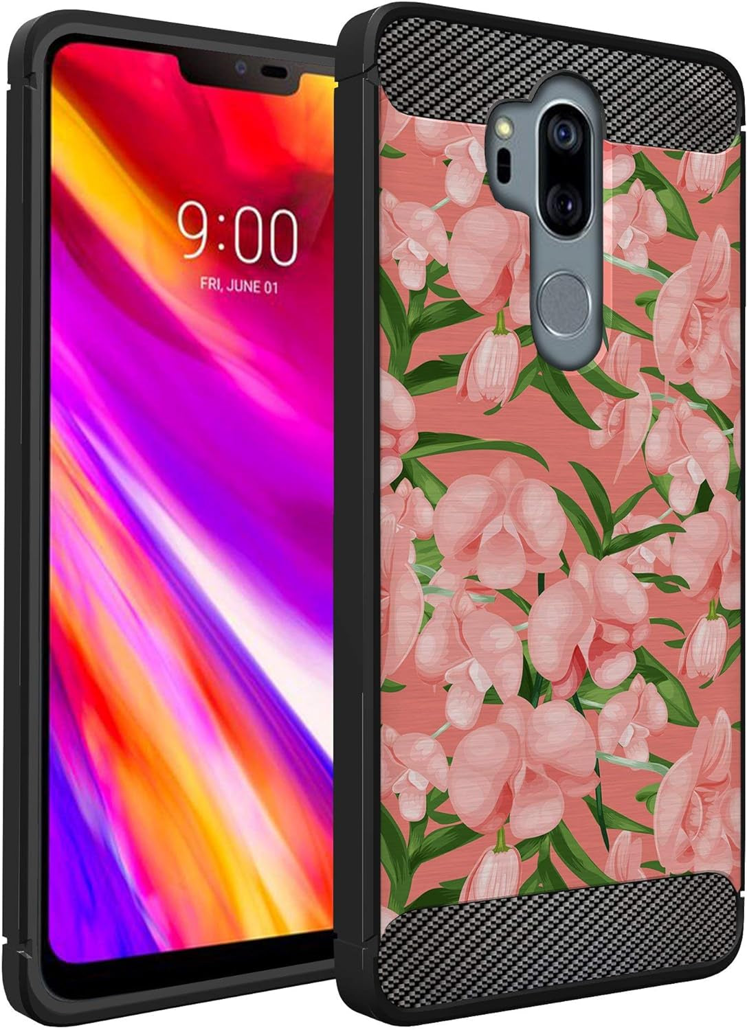 Casesondeck Case Compatible with [LG G7 / LG G7 Thinq] Tribal Floral Matte TPU Flexible Carbon Fiber Textured (Horse Tribal)  CasesonDeck Pink Flowers 2  