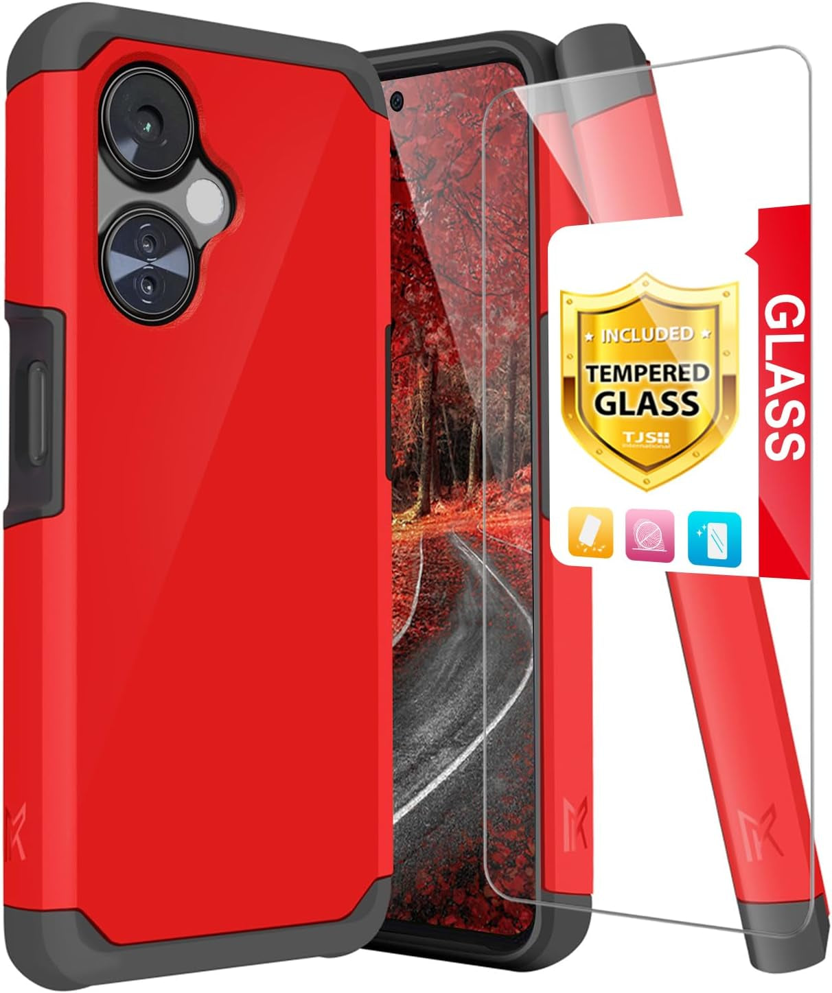 TJS Compatible for Oneplus Nord N30 5G Case, with Tempered Glass Screen Protector Dual Layer Hybrid (Magnetic Mount Friendly) Shockproof Drop Protection Impact Phone Case (Hot Pink)  TJS Red  