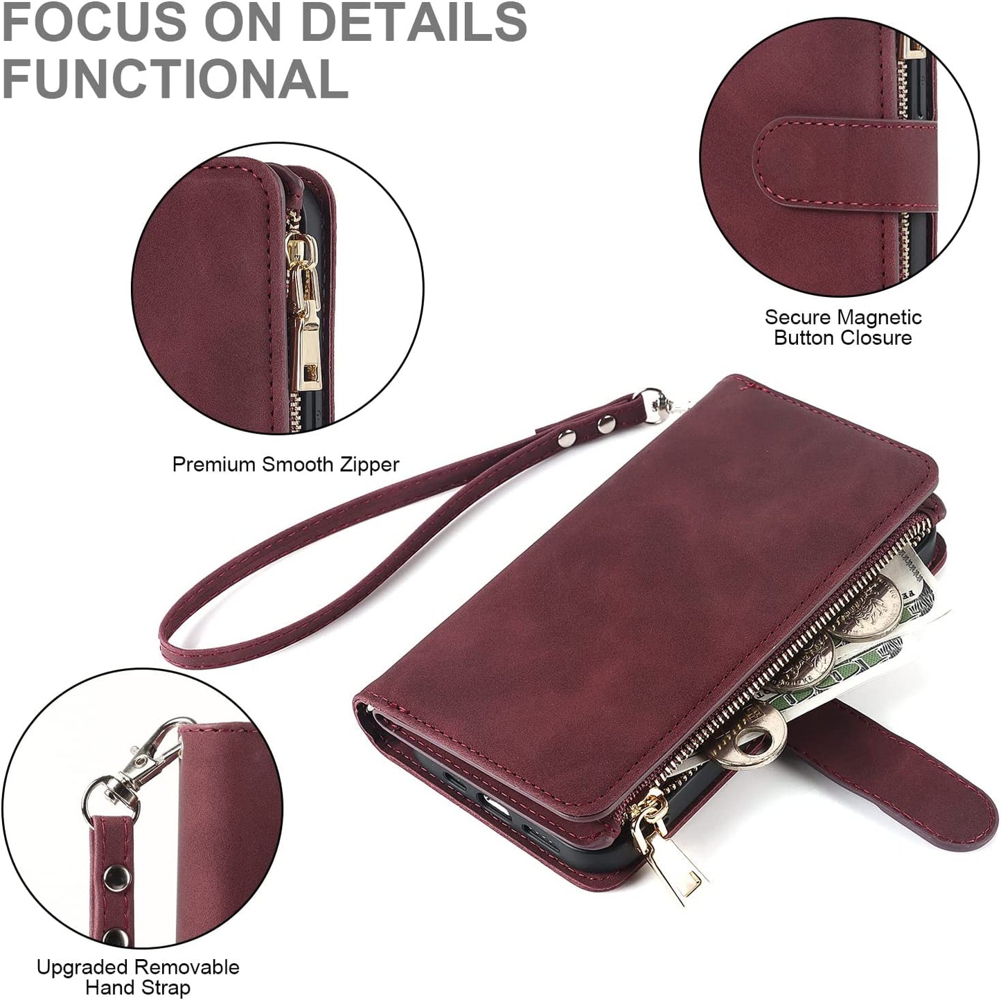 Ｈａｖａｙａ Iphone 13 Pro Max Case Wallet Magsafe Compatible,Iphone 13 Pro Max Phone Case with Card Holder,Flip Magnetic Zipper Magnetica Wallet Cover for Women Men -Wine Red  Ｈａｖａｙａ   