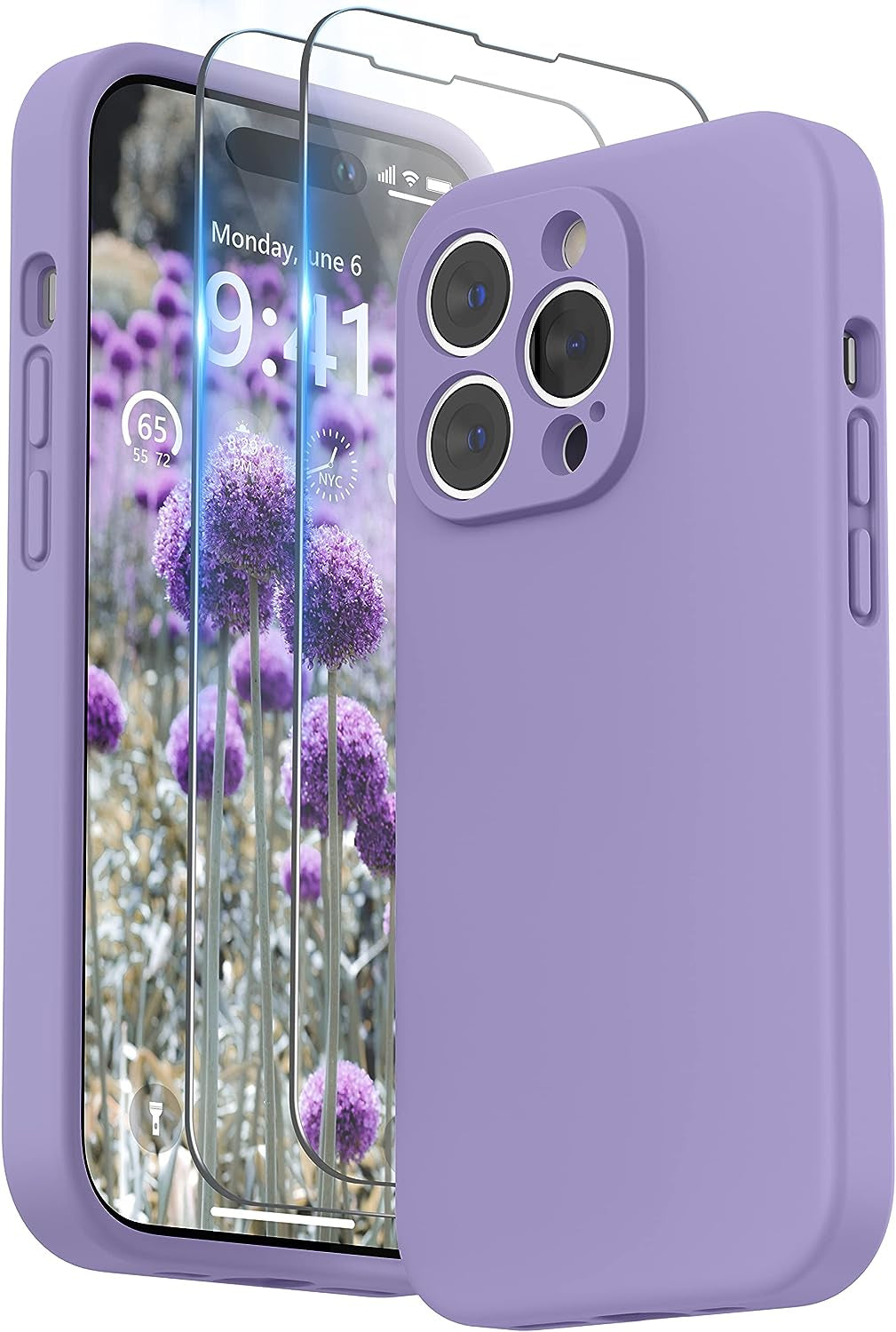 SURPHY Designed for Iphone 14 Pro Case with Screen Protector, (Camera Protection + Soft Microfiber Lining) Liquid Silicone Phone Case, Cactus Green  SURPHY Light Purple  