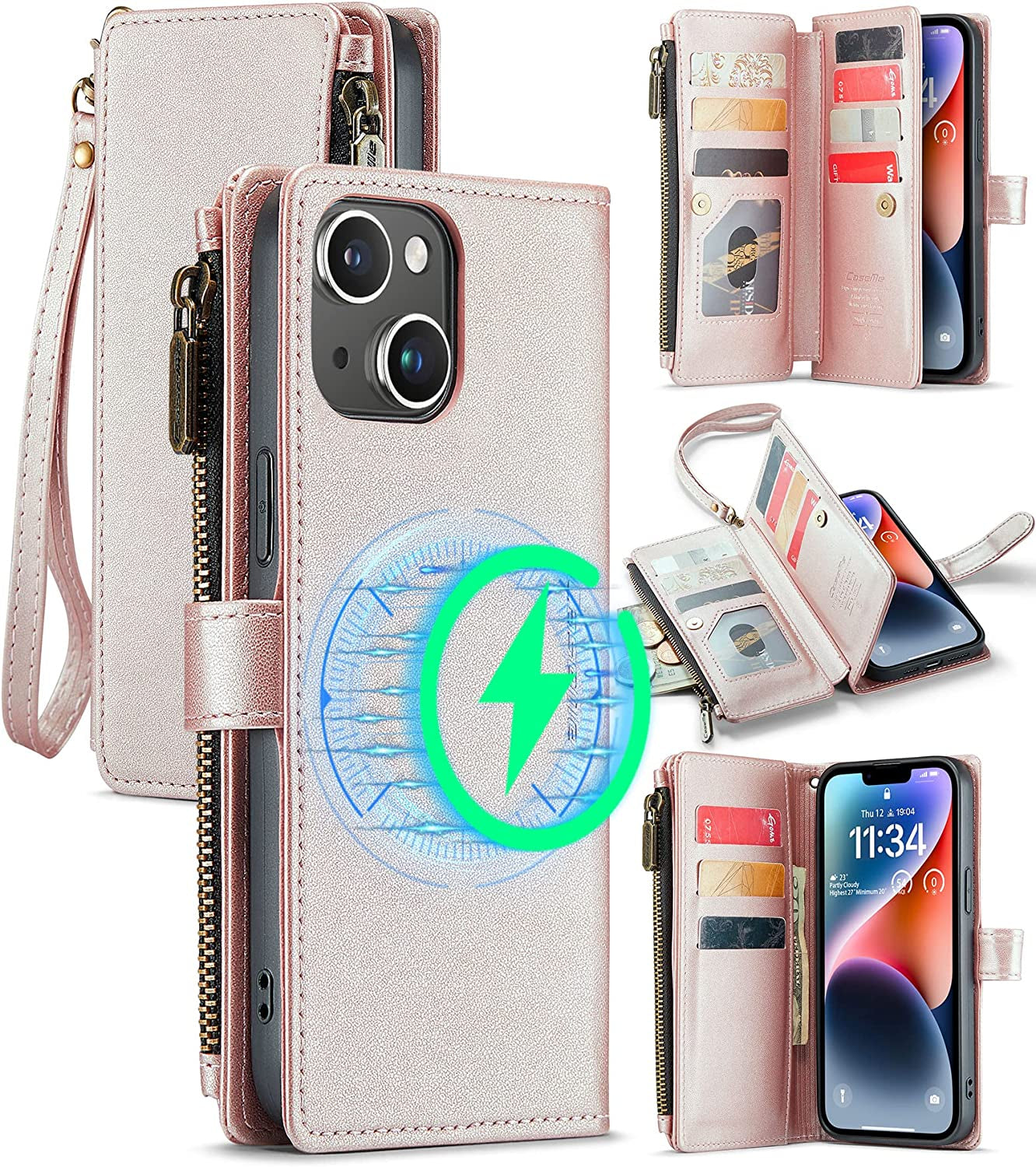 FLIPALM Wallet Case for Iphone 14 Pro(6.1") Flip Case,Compatible with Magsafe Charger,Pu Leather Zipper Protective Lanyard Strap Wristlet Case with Magnetic Closure and Card Holder Luxury Coffee  FLIPALM Rose Gold iPhone 14 Plus 