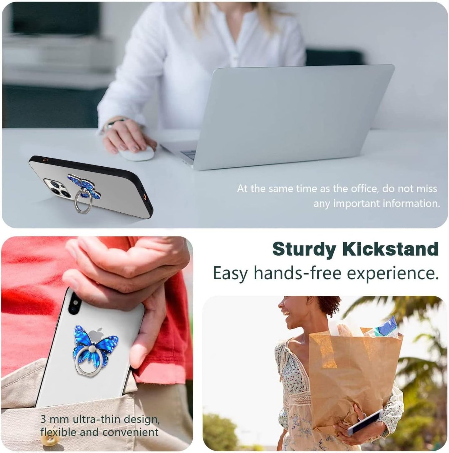 Cavdycidy Bling Metal Cute Butterfly Cell Phone Ring Holder 360°Rotation Finger Stand Kickstand Universal Compatible with All Smartphone(Diamond Deep Blue)  Cavdycidy   