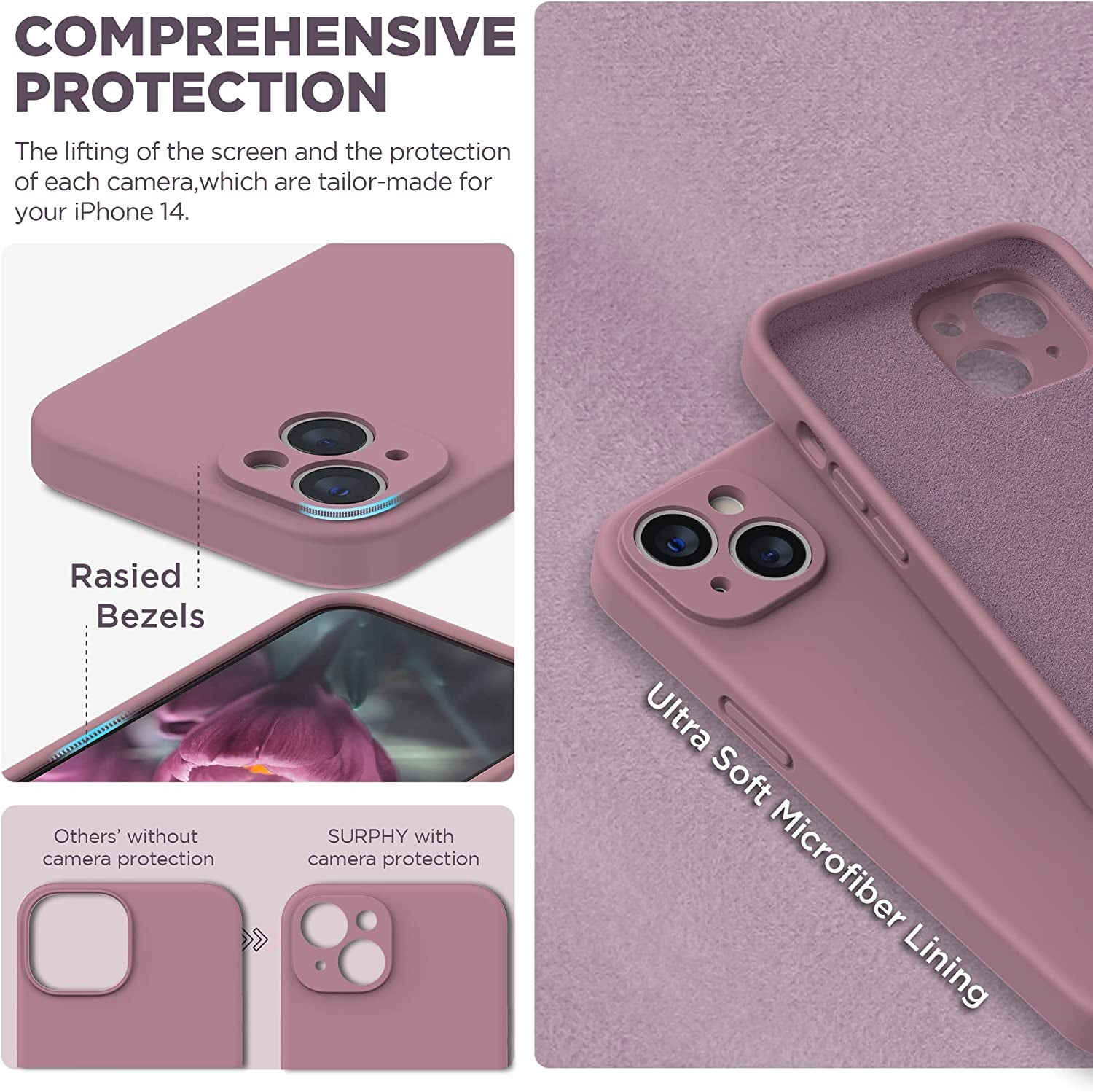 SURPHY Compatible with Iphone 14 Case with Screen Protector (Camera Protection + Soft Microfiber Lining) Liquid Silicone Phone Case 6.1 Inch 2022, Lilac Purple  SURPHY   
