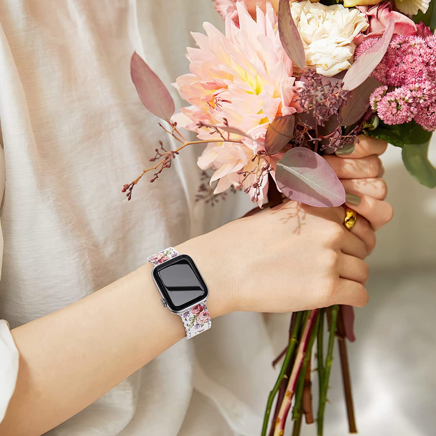 Upfurmach Compatible with Apple Watch Band 41Mm 40Mm 38Mm 49Mm 45Mm 44Mm 42Mm Women Girl, Rose Floral Print Lace Hollow-Out Soft Silicone Sport Bands for Iwatch Ultra SE Series 8 7 6 5 4 3 2 1, Rosb-38  UpfurMach   