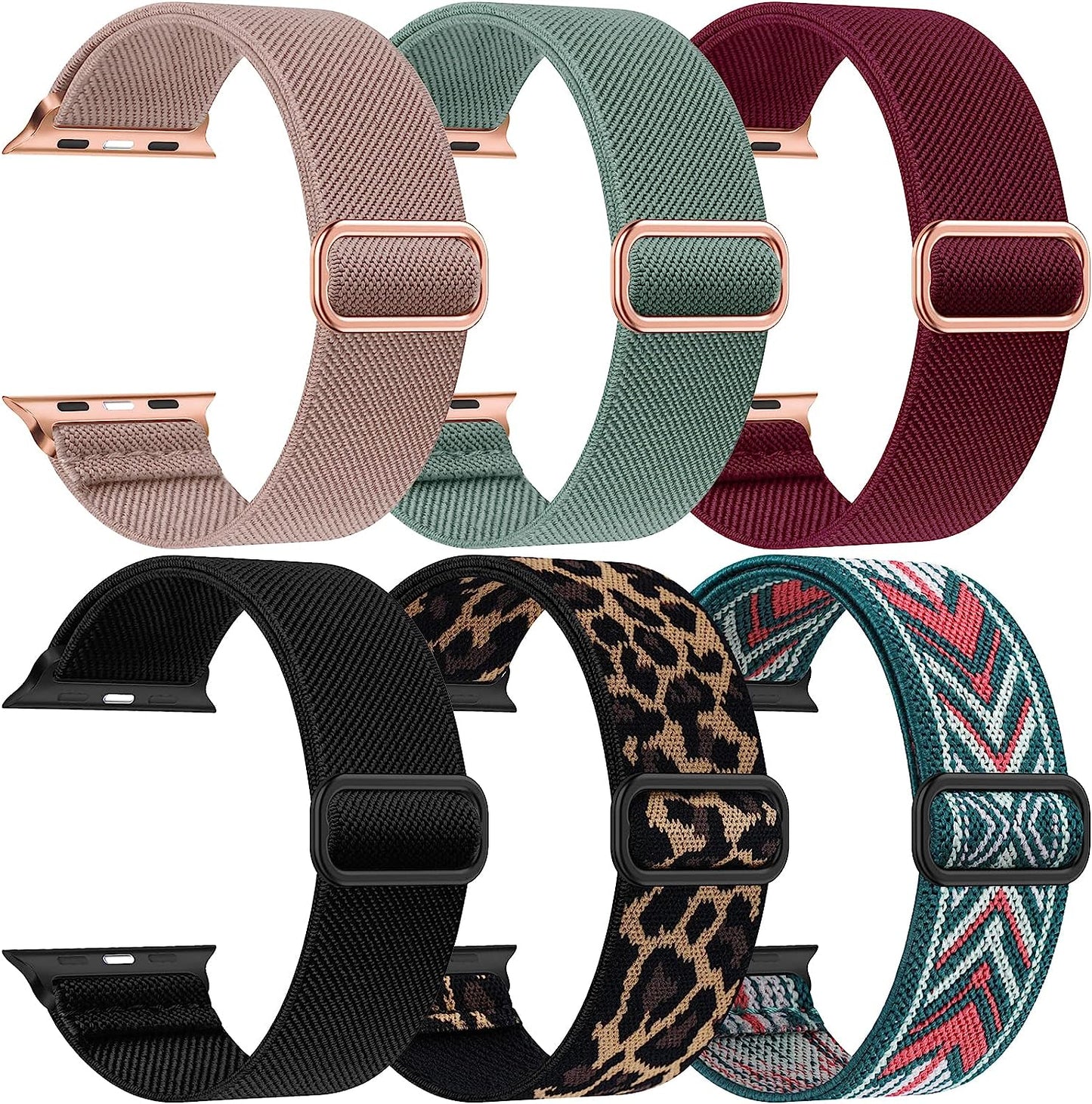 OYODSS 6 Pack Stretchy Solo Loop Band Compatible with Apple Watch Bands 38Mm 40Mm 41Mm 42Mm 44Mm 45Mm 49Mm, Nylon Sport Strap with Metal Connectors for Iwatch Ultra Series 8/7/6/5/4/3/2/1 SE Women Men  OYODSS Black/Leopard/Green Arrow/Sand Pink/Cactus/Wine Red 42/44/45/49MM 