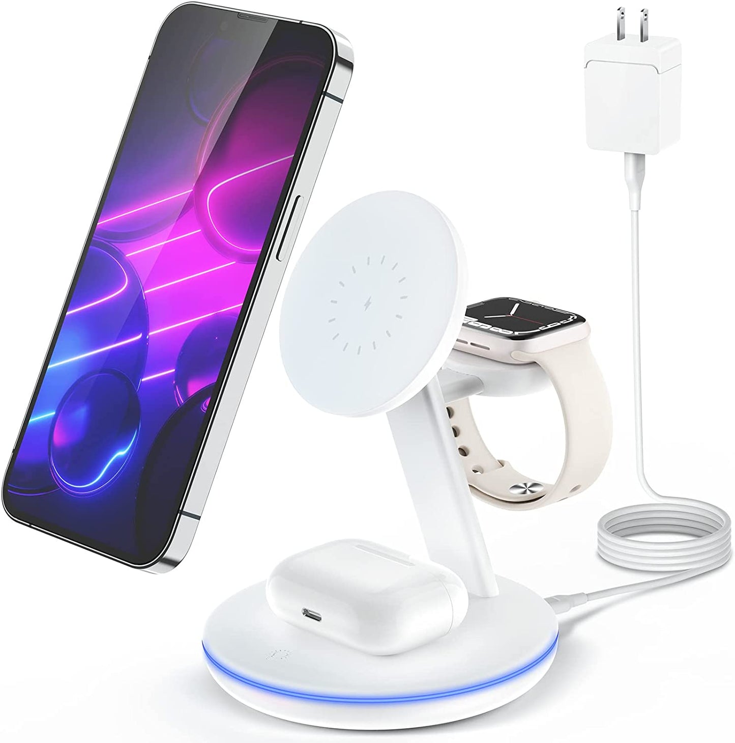 Magnetic Wireless Charging Station for Apple Series, 3-In-1 Standard 15W Fast Mag-Safe Charger Stand with QC3.0 Adapter, for Iphone 14,13,12 Pro Max/Pro/Mini/Plus, Iwatch Ultra/8/7/6/5/4/3/2, Airpods…  Pilita DongGuanShi WeizhiChuang Technology Co, Ltd White  