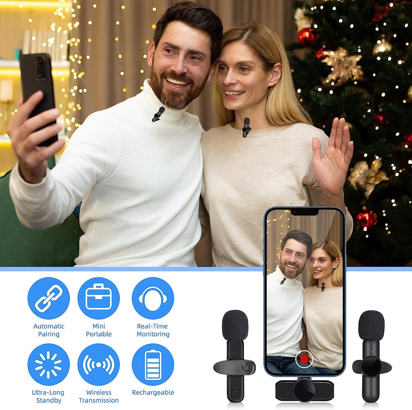 BAKAH Wireless Lavalier Microphone Fit for Iphone Ipad, Lapel Microphone Wireless, 2 Clip on Microphones for Phone Video Recording, Interview, Vlog, Youtube, Tiktok  BAKAH   