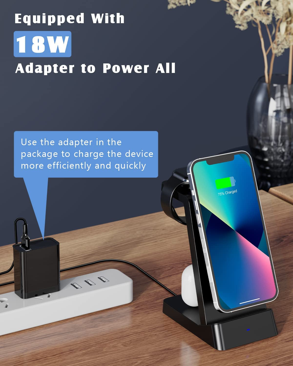 Wireless Charging Station,Cadefu Wireless Charger Compatible with Iphone 14 Pro Max/13/12/11/X/8 Plus, 3 in 1 Fast Charging Stand Dock for Airpods 1/2/Pro, Apple Watch Series(With Adapter)  CADEFU   