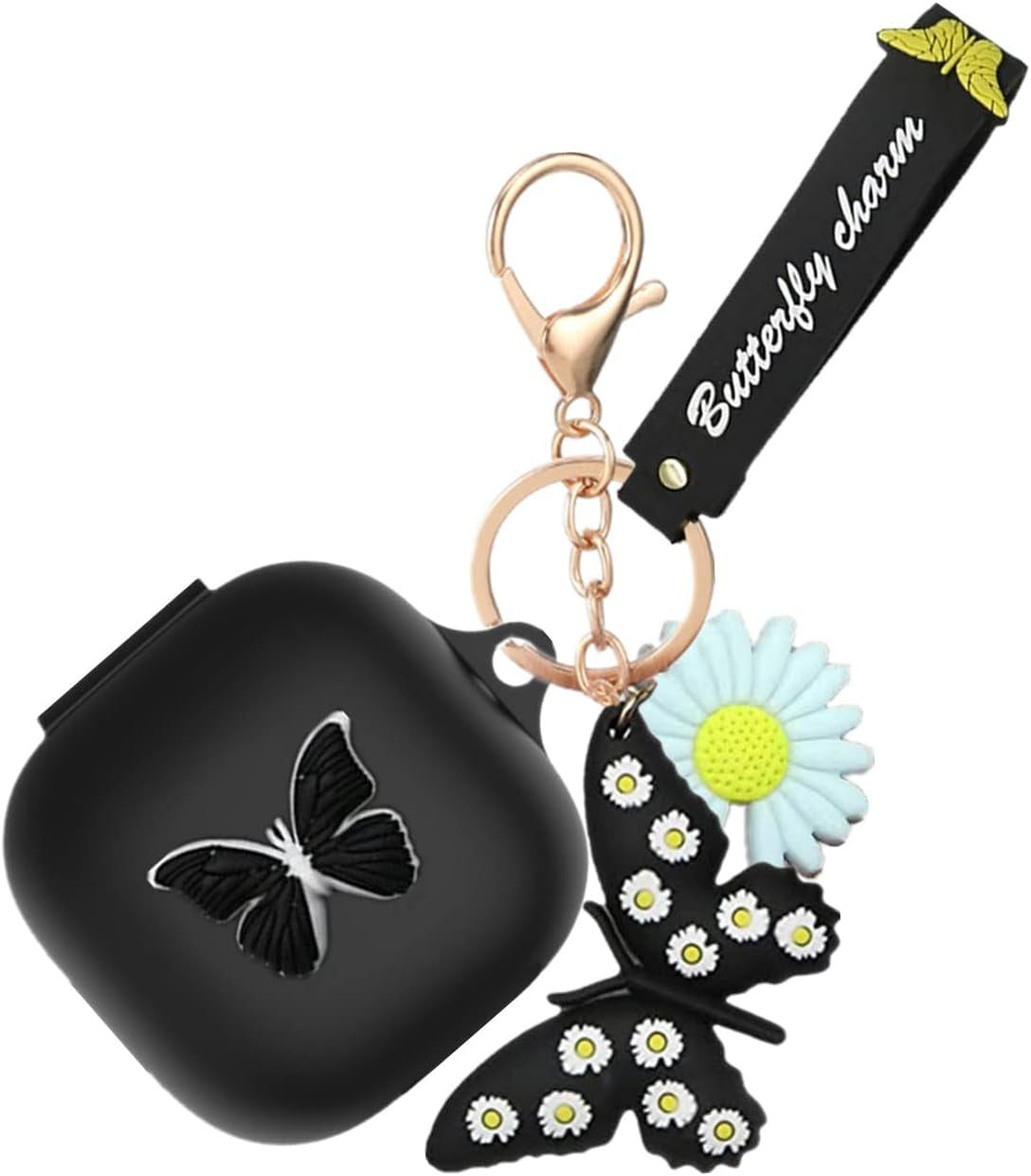 Case for Beats Fit Pro with Wristlet Keychain, Cute Cartoon Butterfly Charm Soft Silicone Charging Case with Wrist Strap Anti-Lost Cover for Beats Fit Pro X 2021/2022, Gift for Women Girl (Black)  YQGFashbf11   