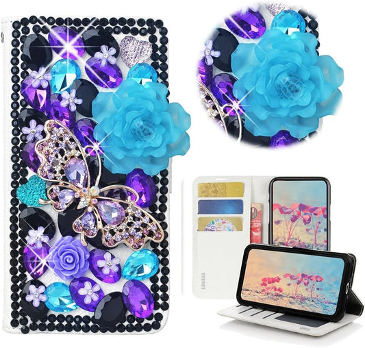 STENES LG G6 Case, LG G6 plus Case - STYLISH - 3D Handmade Bling Crystal Rose Butterfly Flowers Wallet Credit Card Slots Fold Stand Leather Cover Case for LG G6/LG G6 plus - Violet  STENES   
