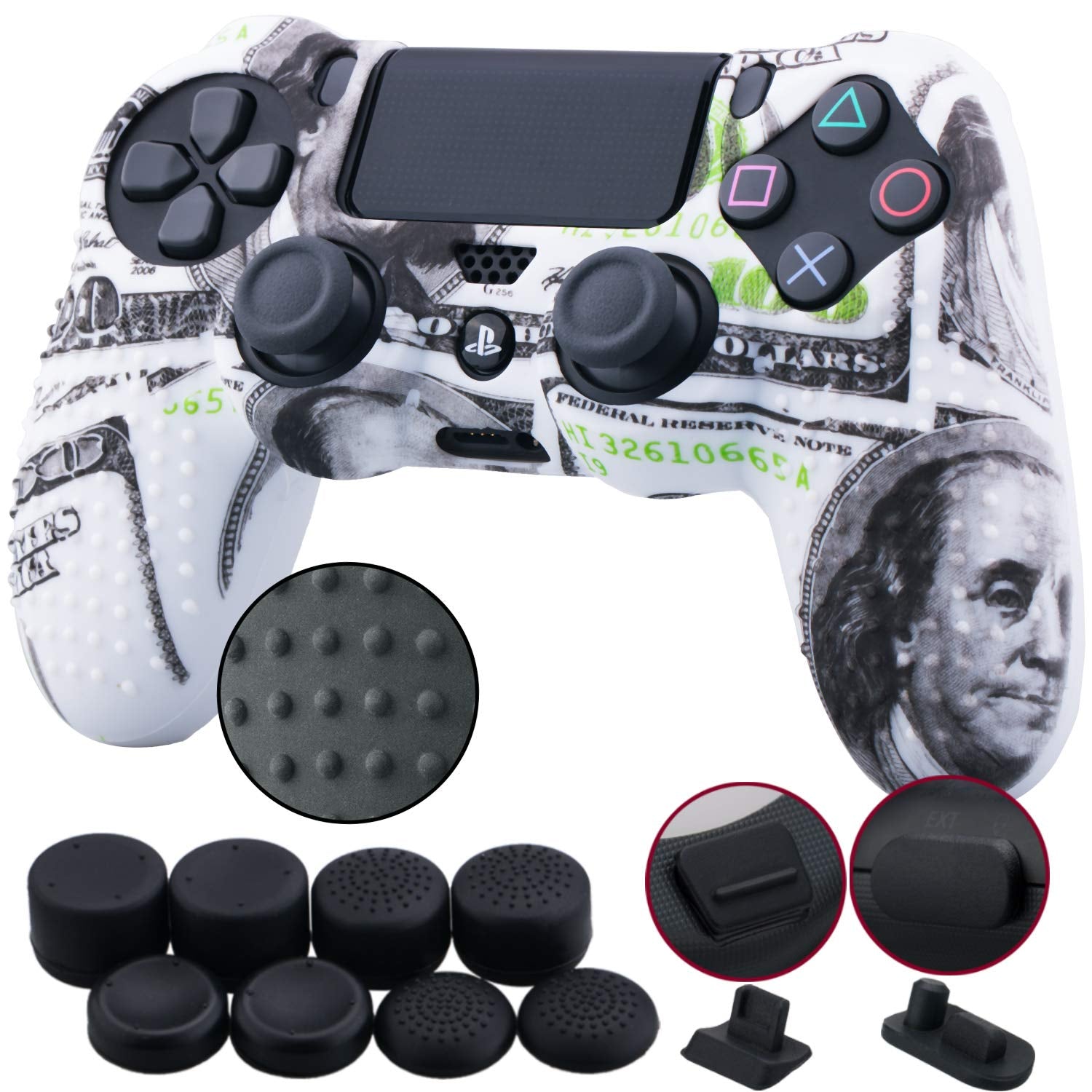 9Cdeer 1 Piece of Silicone Studded Water Transfer Protective Sleeve Case Cover Skin + 8 Thumb Grips Analog Caps + 2 Dust Proof Plugs for Ps4/Slim/Pro Dualshock 4 Controller, Skull Red  9CDeer US Dollar print 